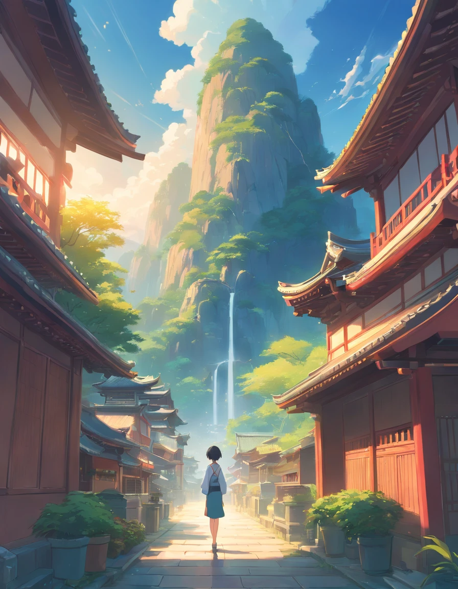 There is a painting，The painting depicts fantastic landscape art, Zen temple background, Oriental fantasy, landscape artwork, Temple background, background artwork, dreamy scenes, Detailed scenery —width 672, dreamy Chinese towns, oriental wallpaper, Chinese landscape, dreamlike digital painting, Atmospheric fantasy sky, dreamy matte painting, surreal dreamscape, Fantasy background