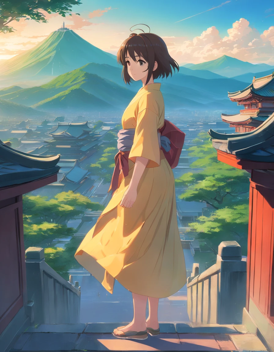 There is a painting，The painting depicts fantastic landscape art, Zen temple background, Oriental fantasy, landscape artwork, Temple background, background artwork, dreamy scenes, Detailed scenery —width 672, dreamy Chinese towns, oriental wallpaper, Chinese landscape, dreamlike digital painting, Atmospheric fantasy sky, dreamy matte painting, surreal dreamscape, Fantasy background