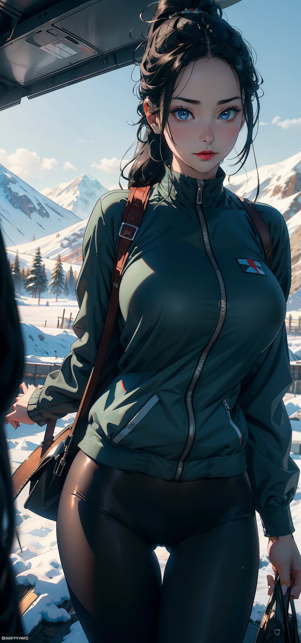 1female,23years old, 独奏,(Background with:aerodrome,Planes,snow mountains,at winter season,Snow on the ground) She has long black hair,double-ponytail,Stand on the plane,,seen from the front, hair straight, mostly cloudy sky,(((tmasterpiece),(Very detailed CG unity 8K wallpaper),best qualtiy,cinmatic lighting,detailed back ground,beatiful detailed eyes,Bright pupils,Blue eyes,(Very fine and beautiful),(Beautiful and detailed eye description),ultra - detailed,tmasterpiece,)),facing at camera,A high resolution,ultra - detailed),Snow-white skin,Redlip,revealing breasts,Bare genitalia, Bulge,legs are open,Raised sexy,Camel toes,Flushed complexion,Desire for dissatisfaction,frontage,Soviet Air Force,(Wearing:Dark green bomber jacket,Black pantyhose,Bare breasts)