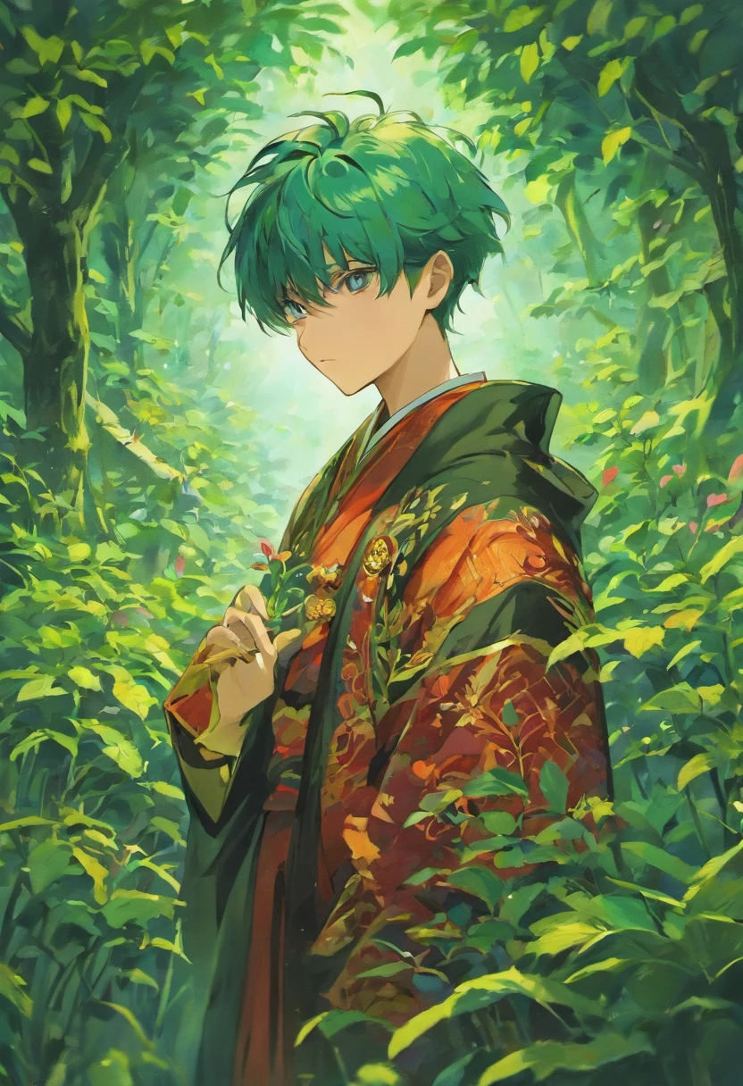 Chinese style, ink style boy, carefully observe the wormwood in his hand
