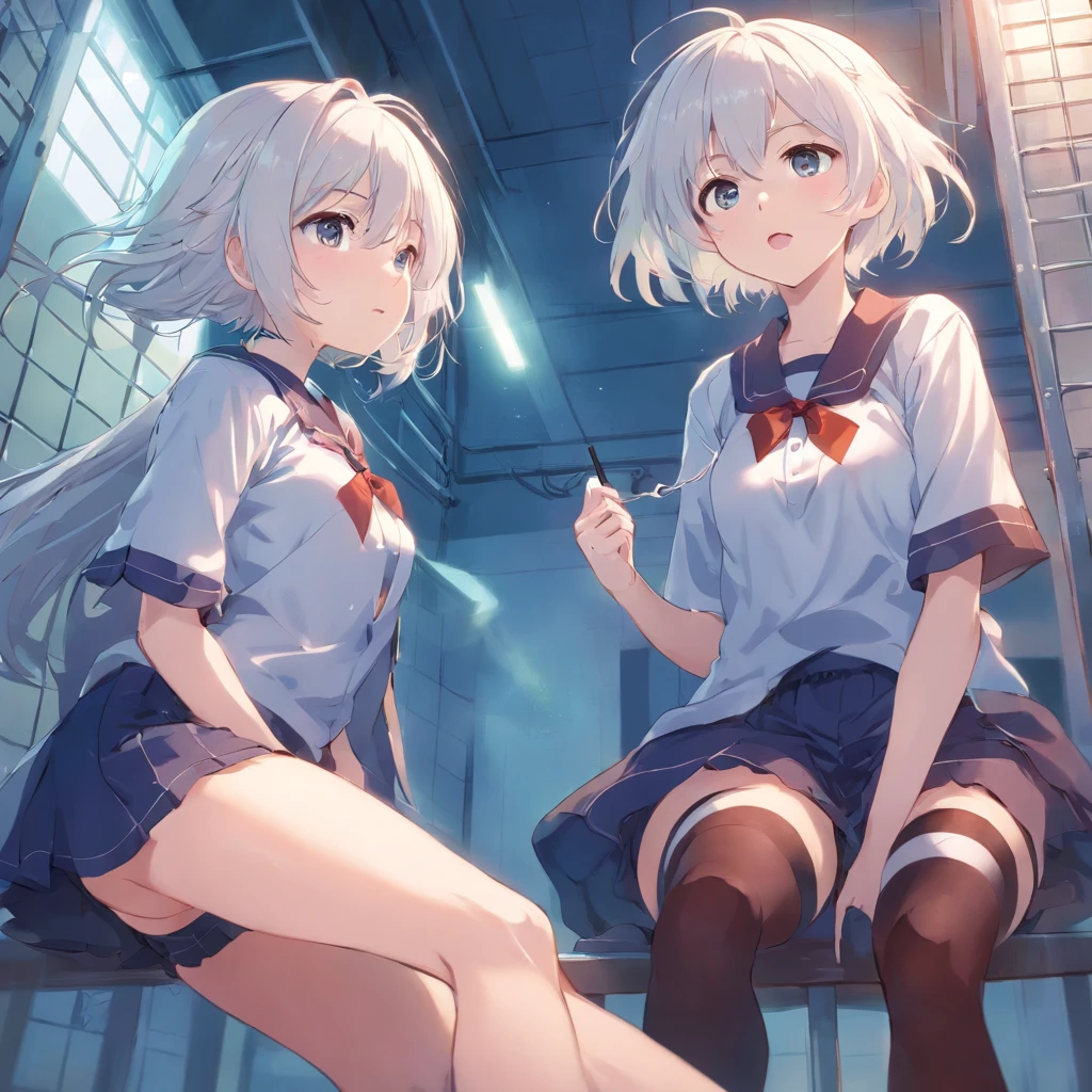 ,twins,White hair,Stockings,Young，Imprisoned，Mouth balls，a vibrator