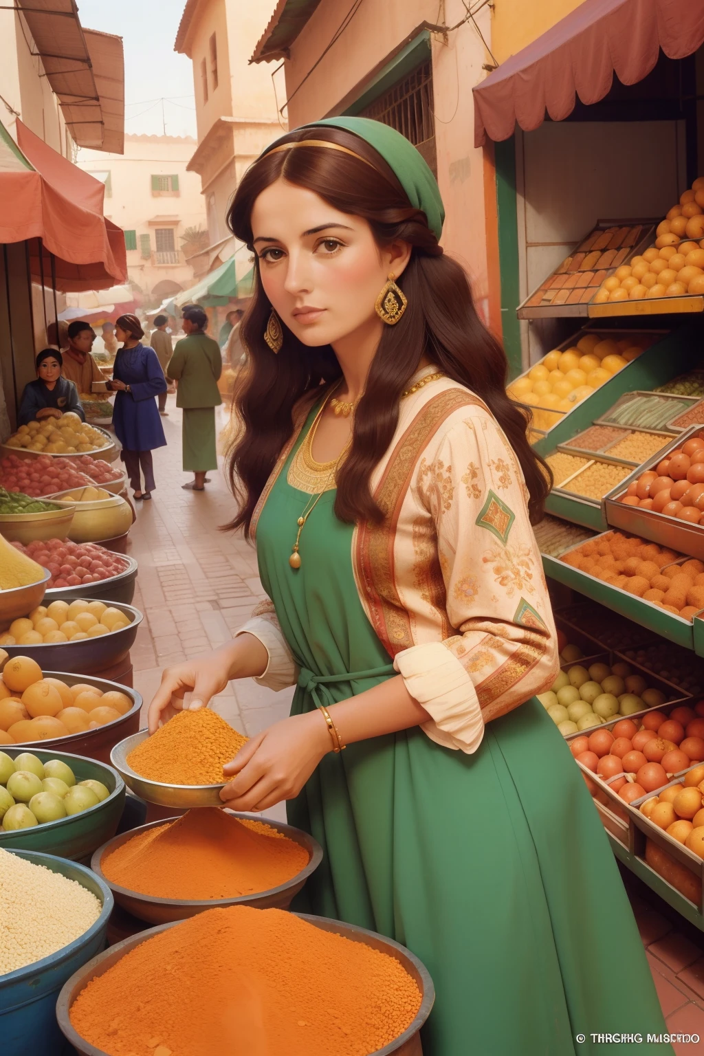 Date: 1998
Location: A bustling street market in Marrakech
Description: Combine the Pre-Raphaelite fascination with vibrant colors and Wes Anderson's meticulous details by illustrating a woman in her thirties, elegantly donned in a pastel dress, haggling over exotic spices in a Moroccan market.