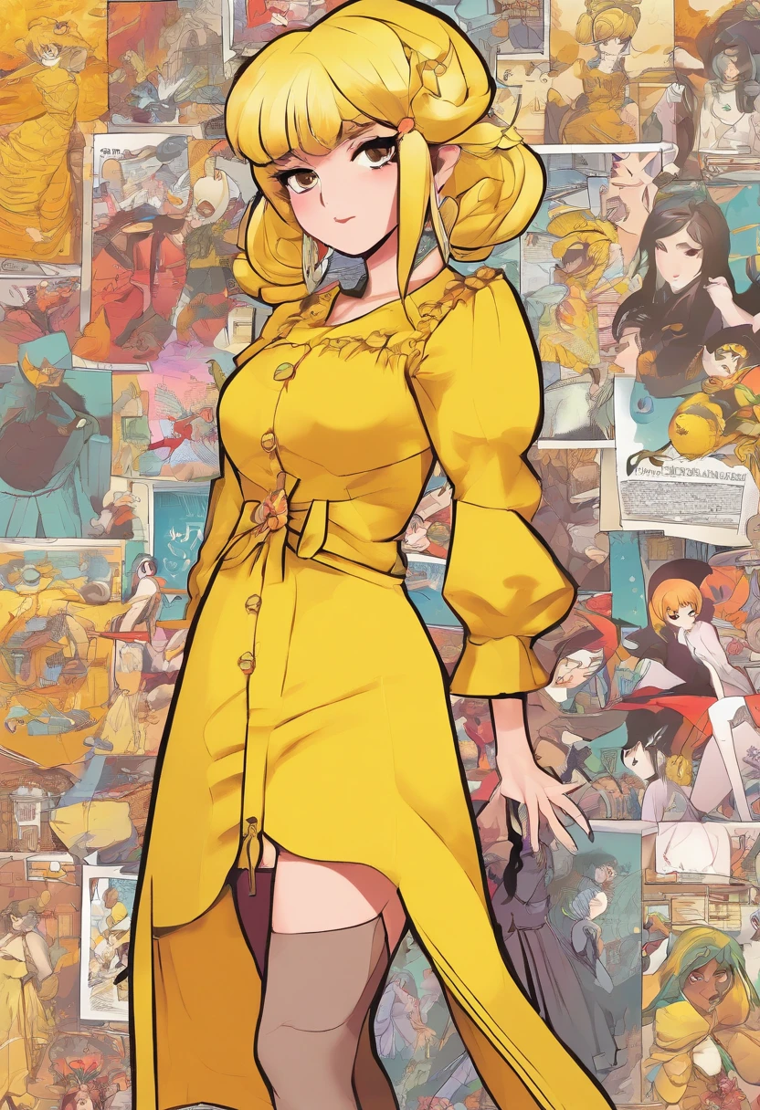 A girl wearing yellow orchic dress and black thin stocking, standing, cute girl charactor, comic digital art