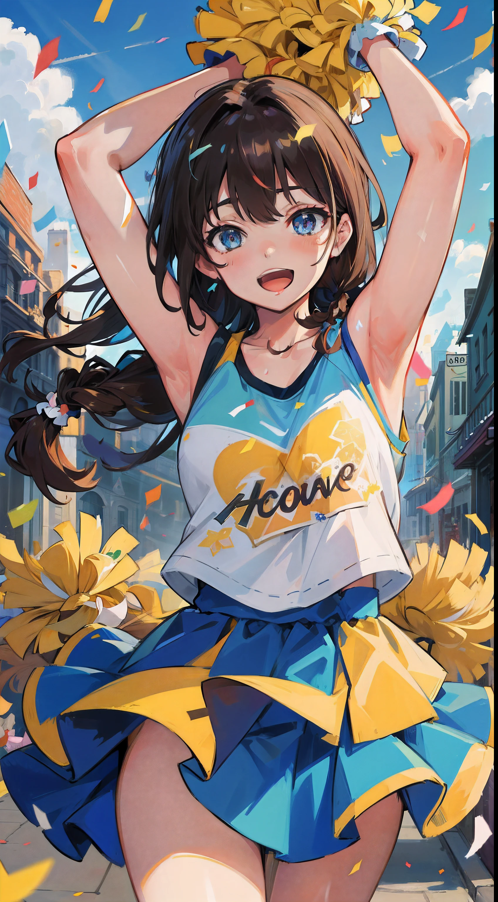 (Masterpiece:1.5), illustration, 4K, 8K, (High quality:1.1), Highly detailed, Detailed face, hdr, Vivid colors, Natural lighting, pretty eyes, Detailed eyes, Colorful eyes, Beautiful face, 1girll, Long hair, Messy hair, Brown hair, Double up braid, scrunchie, hair adornments, cheer leader, Sleeveless, T-shirt, pompons, cheer, Stand by the main road, Arms spread wide, ((Confetti)), Smile, Open mouth, establishing shot