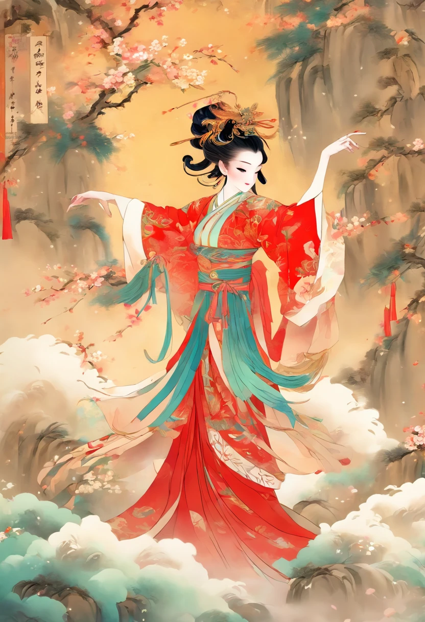 A beautiful dancer in ancient China, delicate lines, gorgeous costumes in ancient China, delicate and vivid, shy face,willow leaf eyebrows, personality depiction,coiled hair, flowing clouds, watercolor, crane surrounding, ink painting,gentle eyes,meticulous color scheme, exquisite clothing patterns