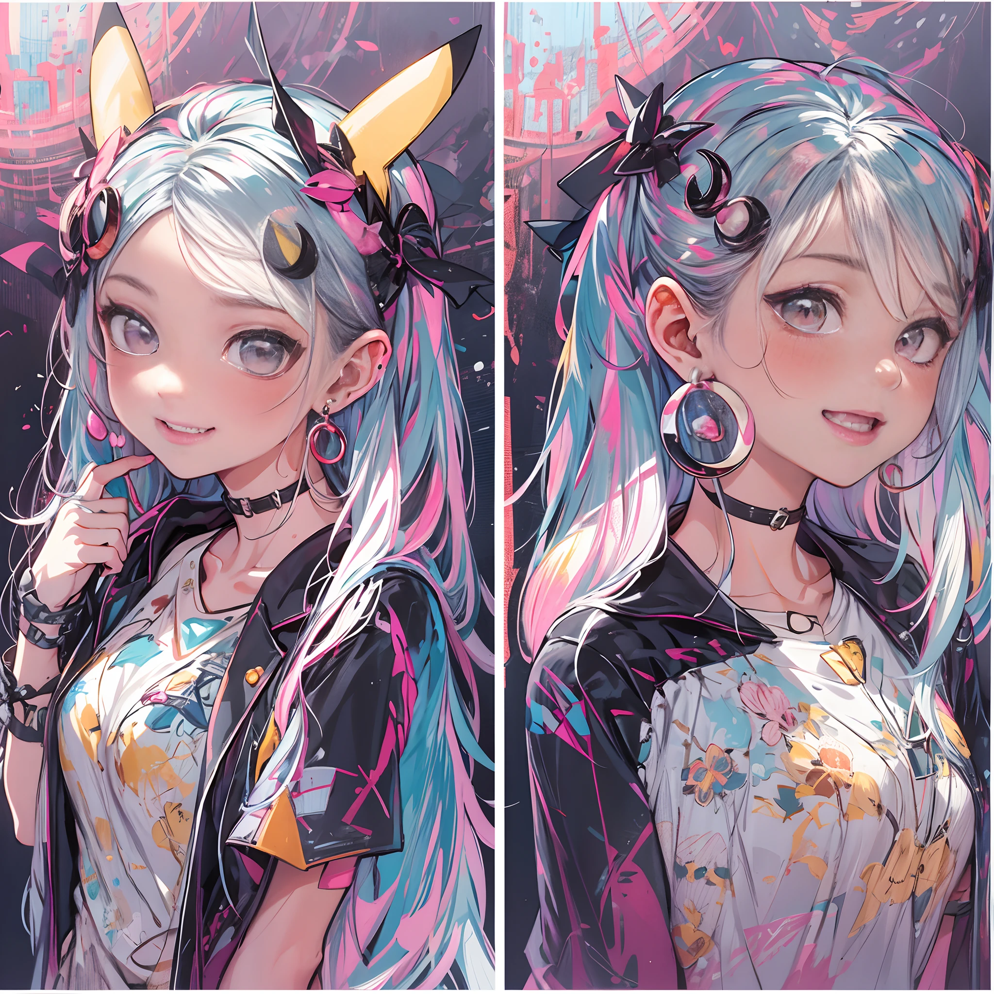 hair bobbles, wince, longeyelashes, solid circle eyes, light smile, ear blush, fang, multicolored hair, halo, mole under eye, crescent earrings, pikachu ears, Surrealism, drop shadow, anaglyph, stereogram, tachi-e, pov, atmospheric perspective, character chart, three sided view, Gothic art, 8k, super detail, ccurate, best quality