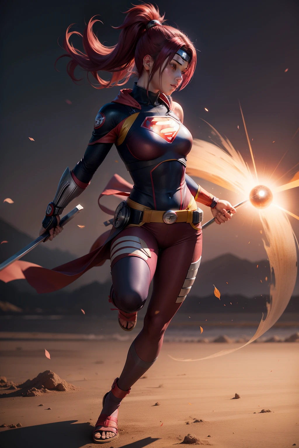 sakura(naruto) x superman, full body, solo, female, realistic, detailed, perfect lighting, perfect shadow, perfect body