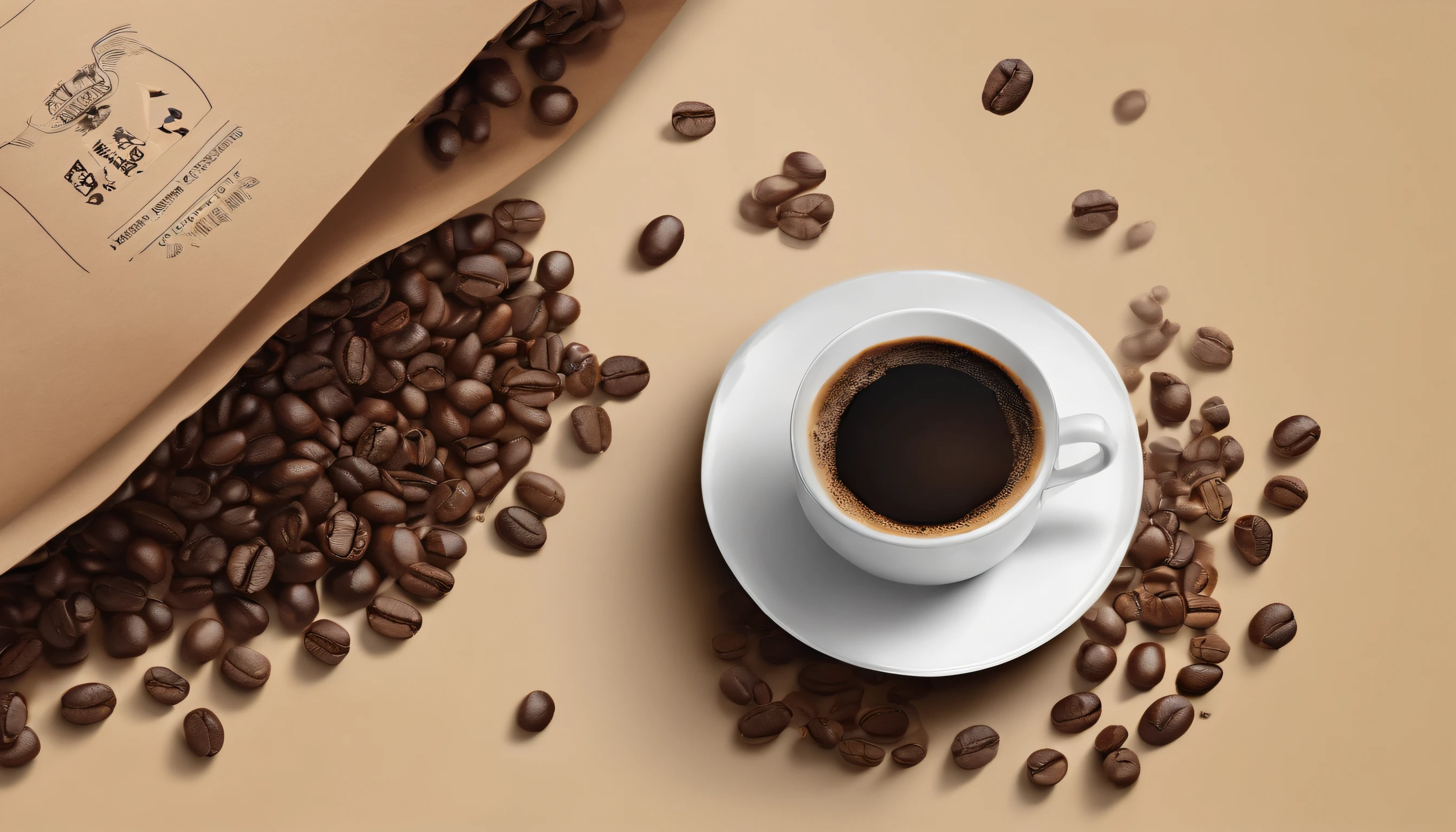 There are a lot of coffee beans on the elegant desktop, with a cup of black coffee inside, exuding hot air, masterpiece, advertising photography -like effect, real details, 8K