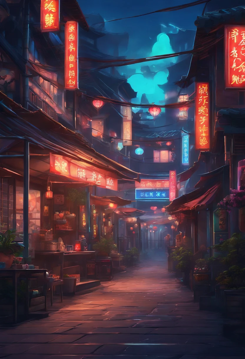 Style scene of streets with neon signs and gates, colorful anime movie background, arte de fundo, Colorful street market, dreamy Chinese towns, summer festival night, Anime background art, background artwork, Mobile game background, Anime landscape concept art, anime style cityscape, art-style