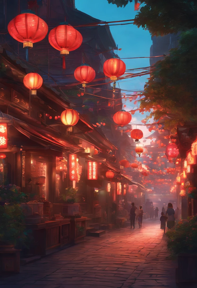 Style scene of streets with neon signs and gates, colorful anime movie background, arte de fundo, Colorful street market, dreamy Chinese towns, summer festival night, Anime background art, background artwork, Mobile game background, Anime landscape concept art, anime style cityscape, art-style