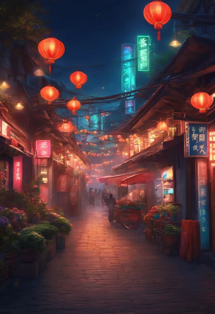 Style scene of streets with neon signs and gates, colorful anime movie background, arte de fundo, Colorful street market, dreamy Chinese towns, summer festival night, Anime background art, background artwork, Mobile game background, Anime landscape concept art, anime style cityscape, art-style