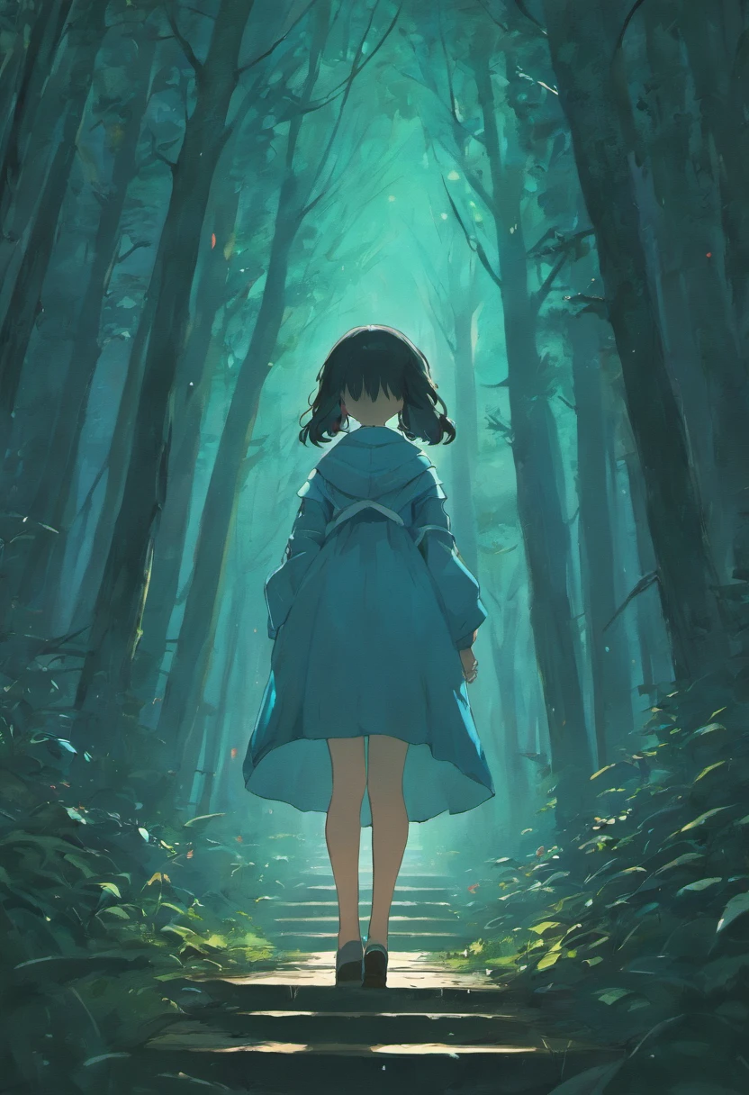 gloomy atmosphere, deeply forested, "Hut on chicken legs" From ancient Russian fairy tales, it stands on a dais and is illuminated by moonlight. A young girl with long black hair walks to the hut. In the frame is a girl from the back. Gloomy atmosphere in the style of modern illustration.