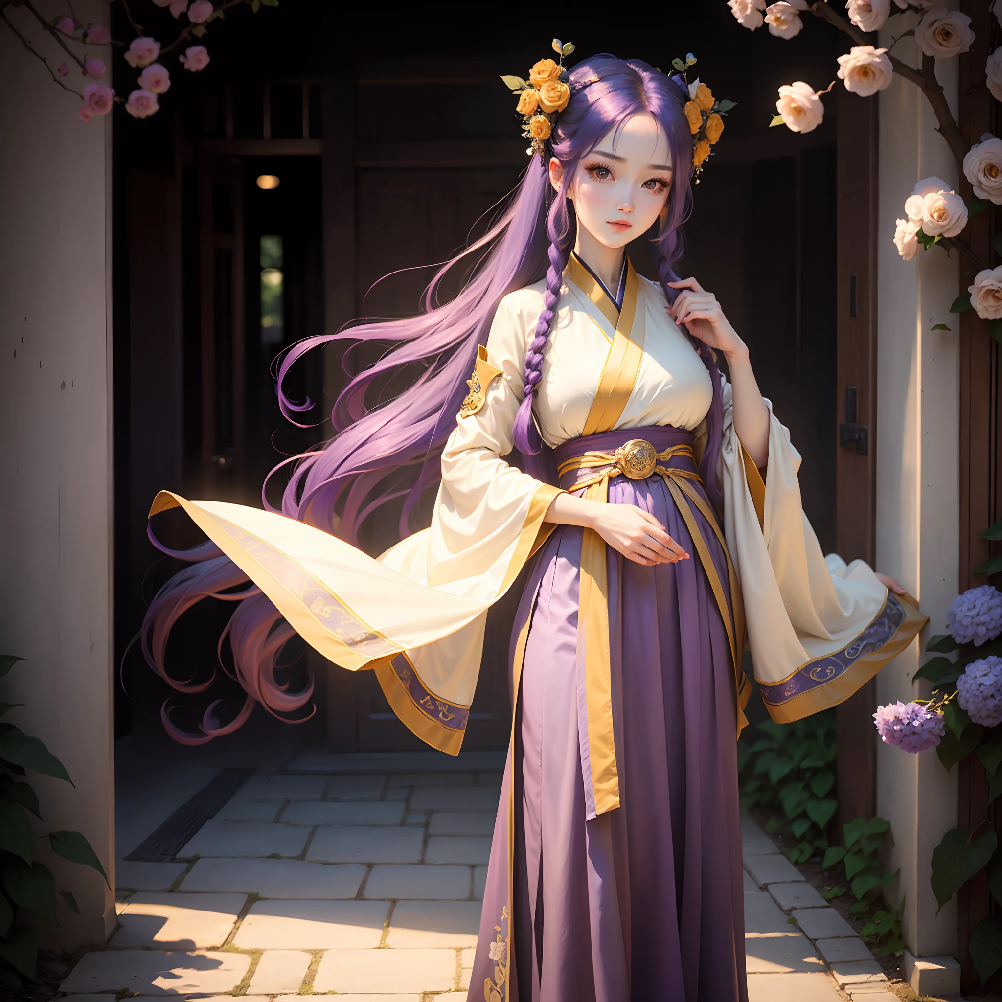 Elegant and dignified Very detailed eyes and face, Beautiful detailed big eyes, Long blue-purple hair to the waist，light in face,(Hanfu:1.1),1girl, The background is a courtly style full body, Full body photo，Yellow roses in hand。