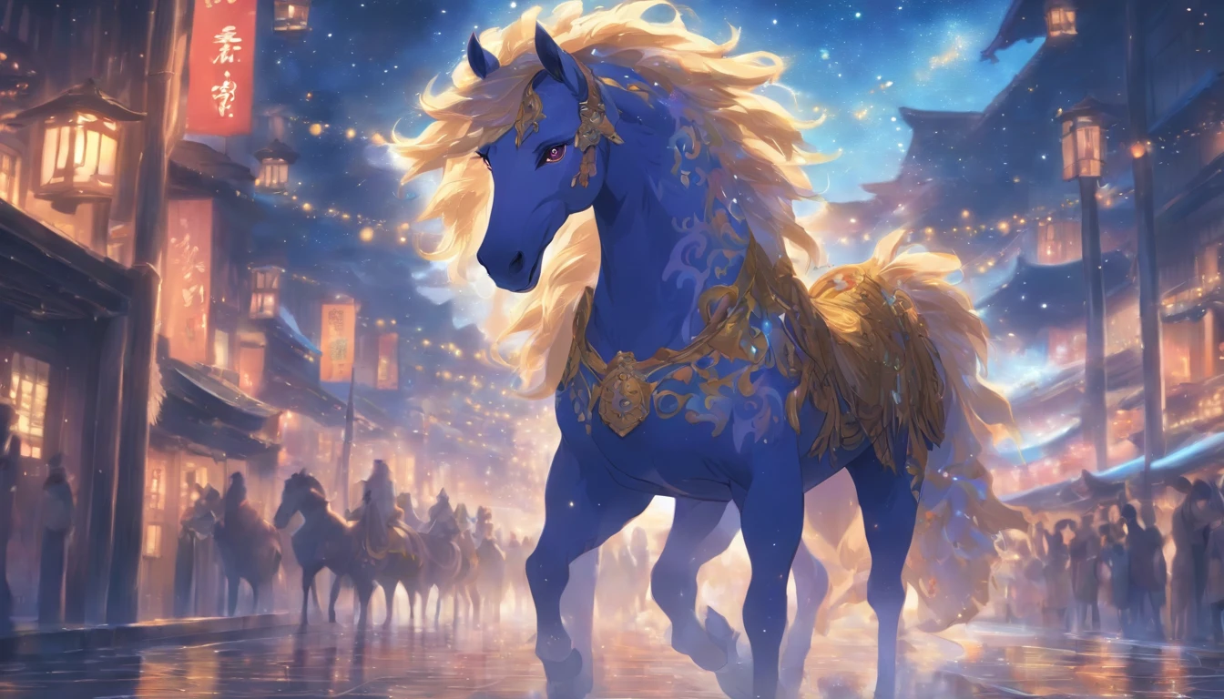 Zodiac horse Handsome horse, ,Big eyes, Wear festive attire, Standing on the side of the street, Ancient style, Artistic touch，Snes painting