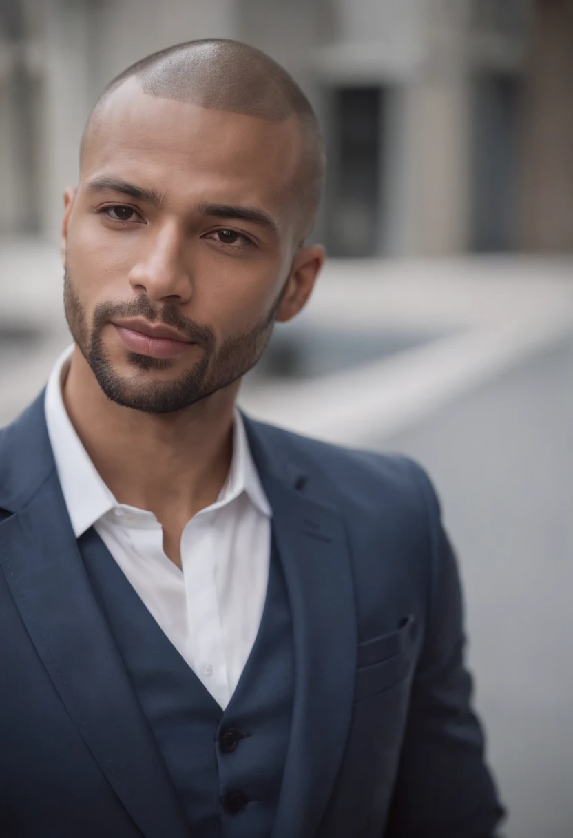 Cinematic photo, wide angle, of an handsome mixed-race black man, 35 years old, small beard, shaved head. dark blue tight business suit and a white shirt. Minimalistic background, clean composition, strong details, Muted Colours, Hasselblad --style raw