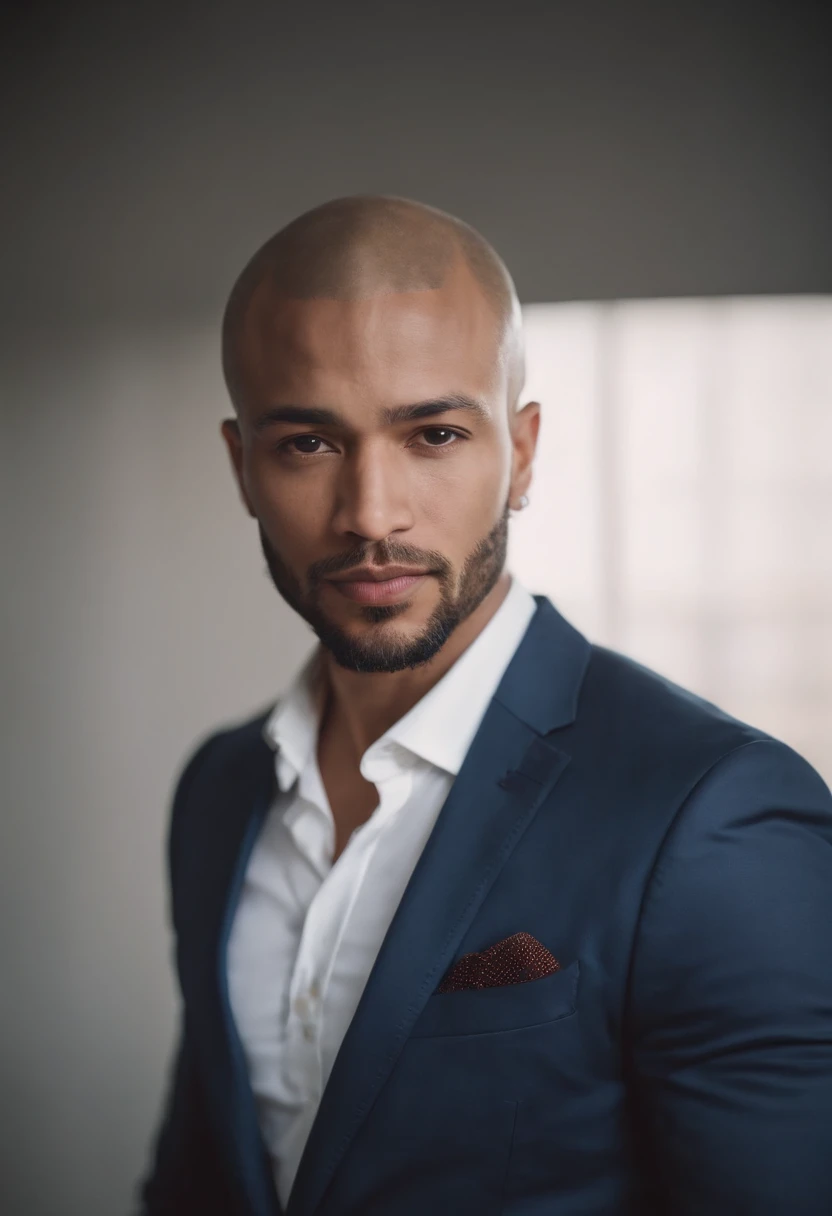 Cinematic photo, wide angle, of an handsome mixed-race black man, 35 years old, small beard, shaved head. dark blue tight business suit and a white shirt. Minimalistic background, clean composition, strong details, Muted Colours, Hasselblad --style raw