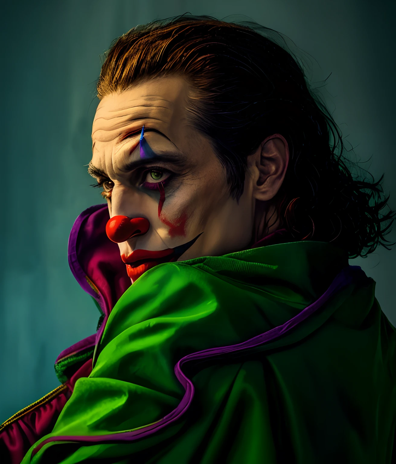 a closeup of a person with a clown makeup in, Retrato de um Coringa, Retrato do Coringa, Retrato do Coringa, Willem Dafoe como o Coringa, cores suaves, wapor wave