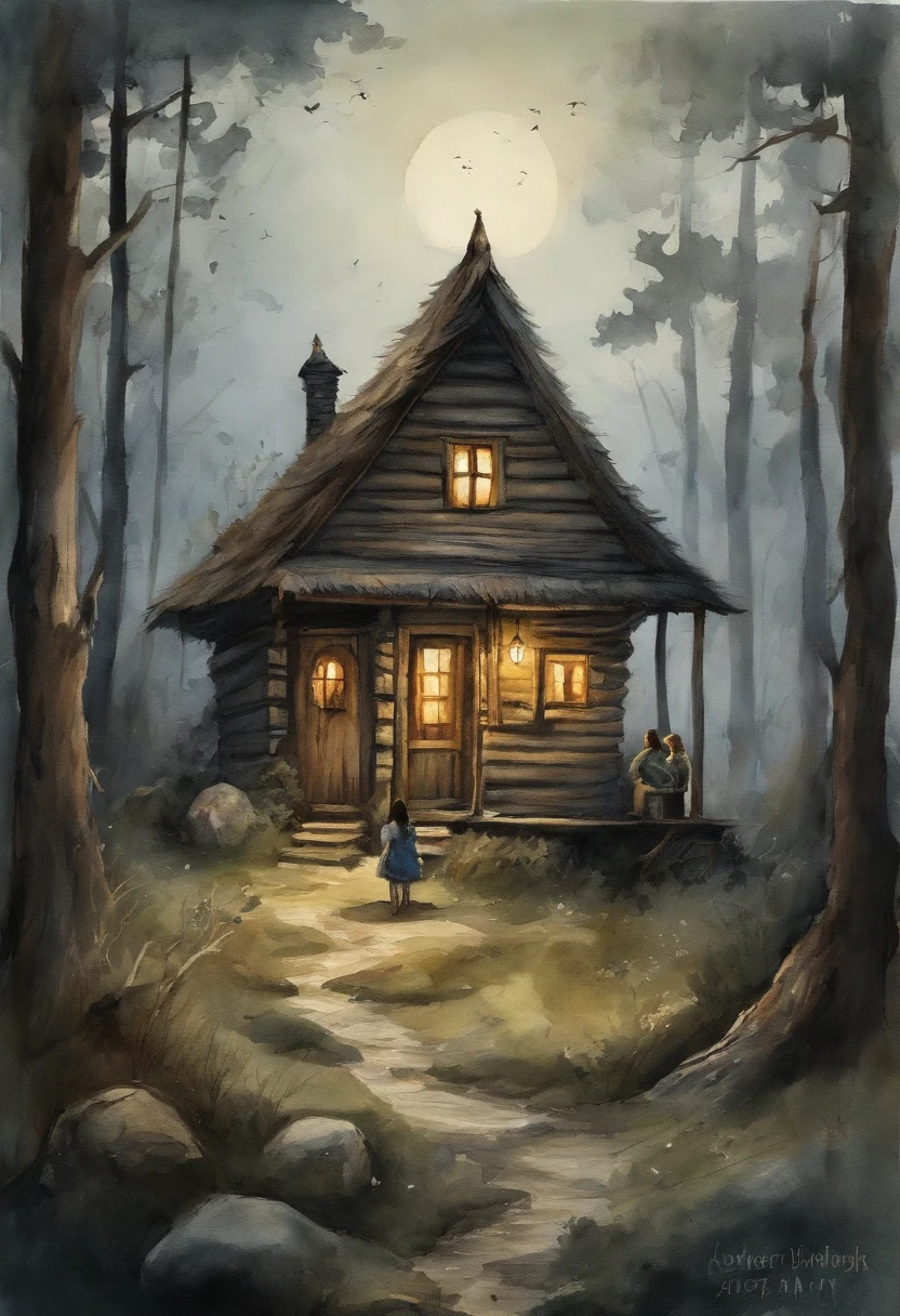 gloomy atmosphere, deeply forested, "Hut on chicken legs" From ancient Russian fairy tales, it stands on a dais and is illuminated by moonlight. A young girl with long black hair walks to the hut. In the frame is a girl from the back. Gloomy atmosphere in the style of modern illustration.