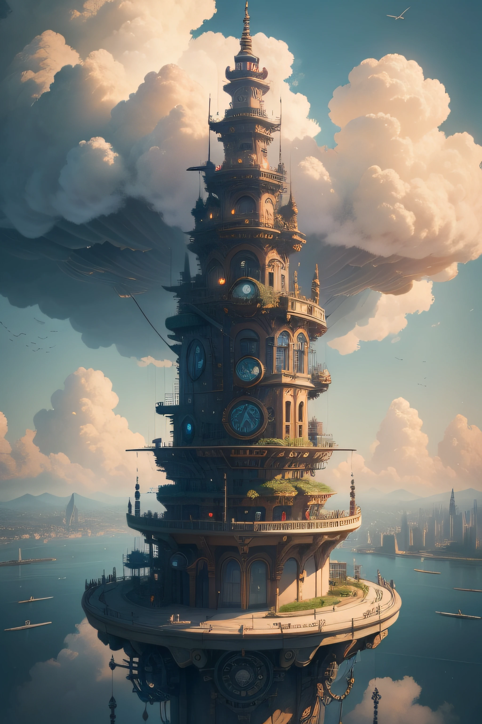 Super detail, High details, High quality, 8K, Miyazaki style, A steampunk-style city floating in the sky, Cloud and diverse architecture, Radiating mystery and technology --V 6