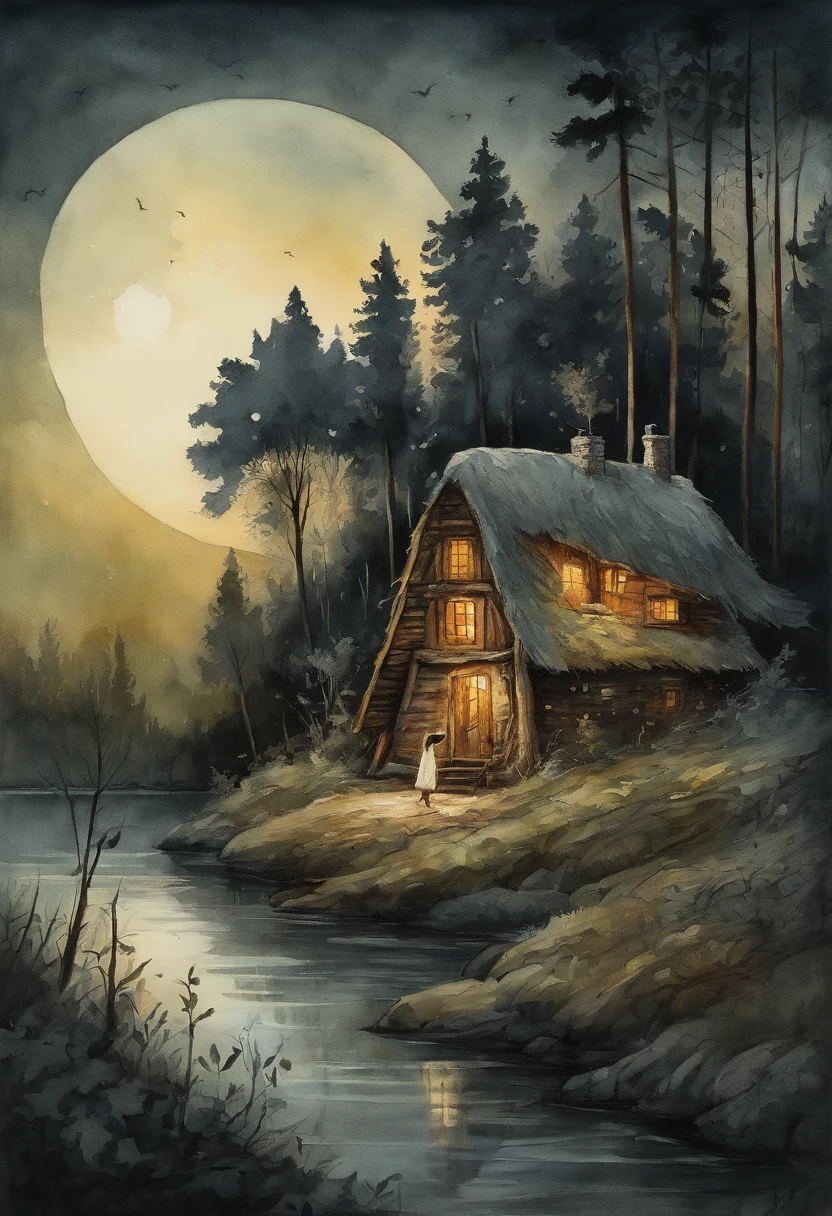 gloomy atmosphere, deeply forested, "Hut on chicken legs" From ancient Russian fairy tales, it stands on a dais and is illuminated by moonlight. A young girl with long black hair walks to the hut. In the frame is a girl from the back. Gloomy atmosphere in the style of modern illustration.