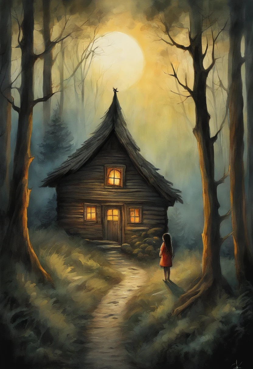 gloomy atmosphere, deeply forested, "Hut on chicken legs" From ancient Russian fairy tales, it stands on a dais and is illuminated by moonlight. A young girl with long black hair walks to the hut. In the frame is a girl from the back. Gloomy atmosphere in the style of modern illustration.