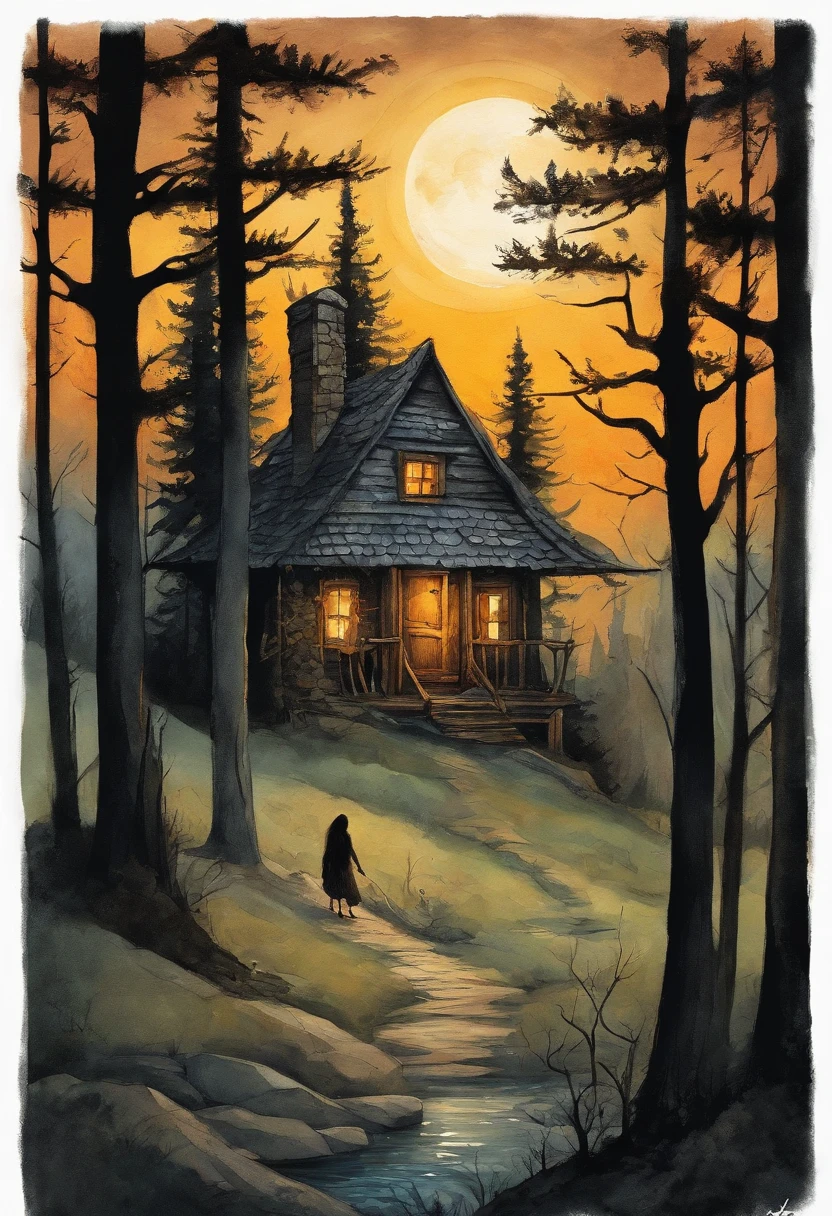 gloomy atmosphere, deeply forested, "Hut on chicken legs" From ancient Russian fairy tales, it stands on a dais and is illuminated by moonlight. A young girl with long black hair walks to the hut. In the frame is a girl from the back. Gloomy atmosphere in the style of modern illustration.