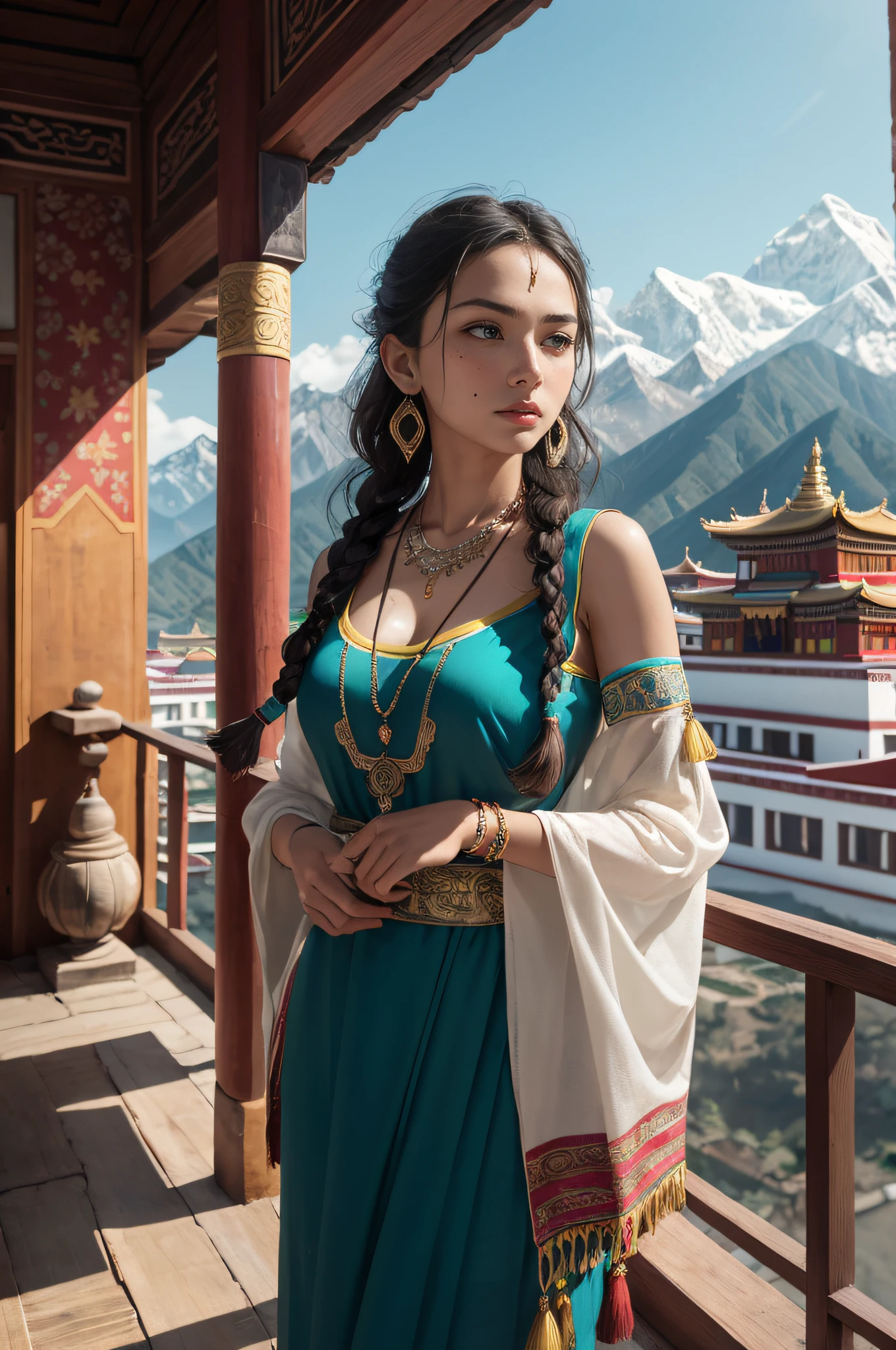 (Dramatic, grittiness, Intense:1.4),Masterpiece, Best quality, 8K, insanely details, Intricate details, ultra - detailed, hyper qualit, High detail, Ultra detailed, Masterpiece,,best qualtiy,k hd,Hua Dan,best qualtiy,Masterpiece,A high resolution,,(full bodyesbian:1.5),Depth of field，Blurry，The background is blurred out，fringe trim，Bracelet，layered sleeves， Puffy sleeves，,solofocus，1girll，Solo，jewelry，Very long hair，hair adornments，Earrings，Black hair，Wind，Moles under eyes，Bracelet，Beads，Scarf ，tattoo，,Braid，Multiple braids，Floating hair，Blue eyes，,In Tibet, Potala Palace, Awesome view, standing, Arms spread wide,expression of surprise, Long flowing hair, Traditional Tibetan braids,rosycheeks, Wear a vibrant Tibetan dress,Decorated with colorful patterns and intricate embroidery, silver trinkets, Turquoise necklace, serene environment, Himalayas in the background, Warp flags flutter in the wind, Golden sunlight illuminates the palace, Spiritual pursuits, A sense of tranquility, Sacred atmosphere, Cultural heritage, Architectural marvel.,