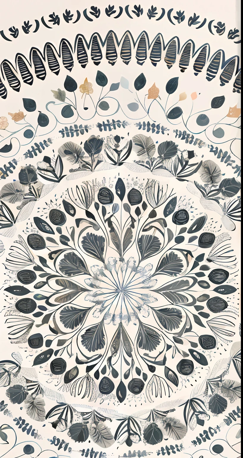 There is a drawing of a circular design with leaves and flowers, intricate details illustration, very design, Wallpaper phone. Intricate, ornate motifs, intricatedesign, Gorgeous floral design, centered radial design, intricate organic painting, ornate floral, intricate flower designs, mandalas, mandalas, intricate illustration, intricate ink painting detail, beautifuldetails, Beautiful design, folkloric illustration