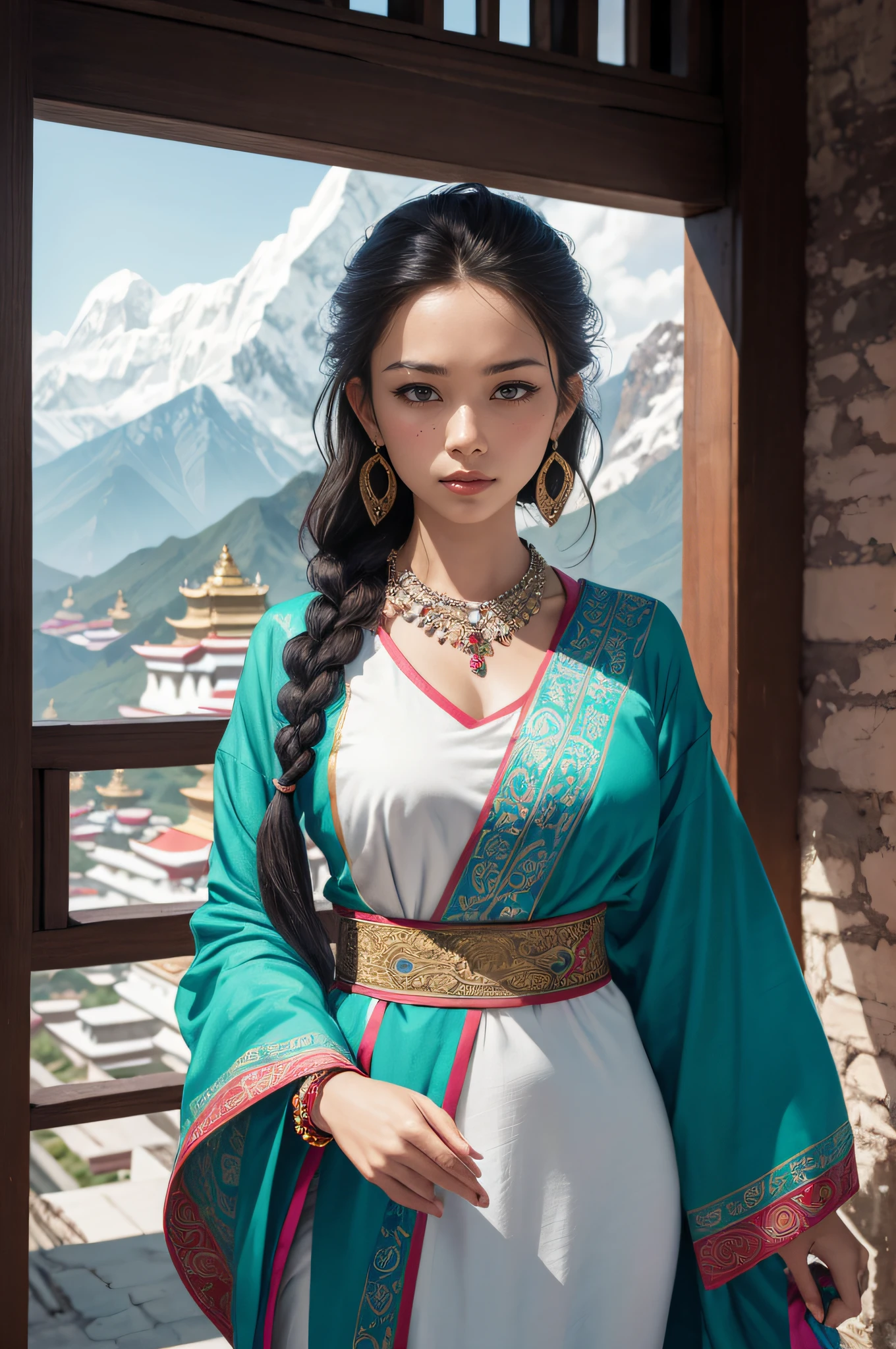 (Dramatic, grittiness, Intense:1.4),Masterpiece, Best quality, 8K, insanely details, Intricate details, ultra - detailed, hyper qualit, High detail, Ultra detailed, Masterpiece,,best qualtiy,k hd,Hua Dan,best qualtiy,Masterpiece,A high resolution,,(full bodyesbian:1.5),Depth of field,Blurry,The background is blurred out,fringe trim,Bracelet,layered sleeves, Puffy sleeves,,solofocus,1girll,Solo,jewelry,Very long hair,hair adornments,Earrings,Black hair,Wind,Moles under eyes,Bracelet,Beads,Scarf ,tattoo,,Braid,Multiple braids,Floating hair,Blue eyes,,In Tibet, Potala Palace, Awesome view, standing, Arms spread wide,expression of surprise, Long flowing hair, Traditional Tibetan braids,rosycheeks, Wear a vibrant Tibetan dress,Decorated with colorful patterns and intricate embroidery, silver trinkets, Turquoise necklace, serene environment, Himalayas in the background, Warp flags flutter in the wind, Golden sunlight illuminates the palace, Spiritual pursuits, A sense of tranquility, Sacred atmosphere, Cultural heritage, Architectural marvel.,