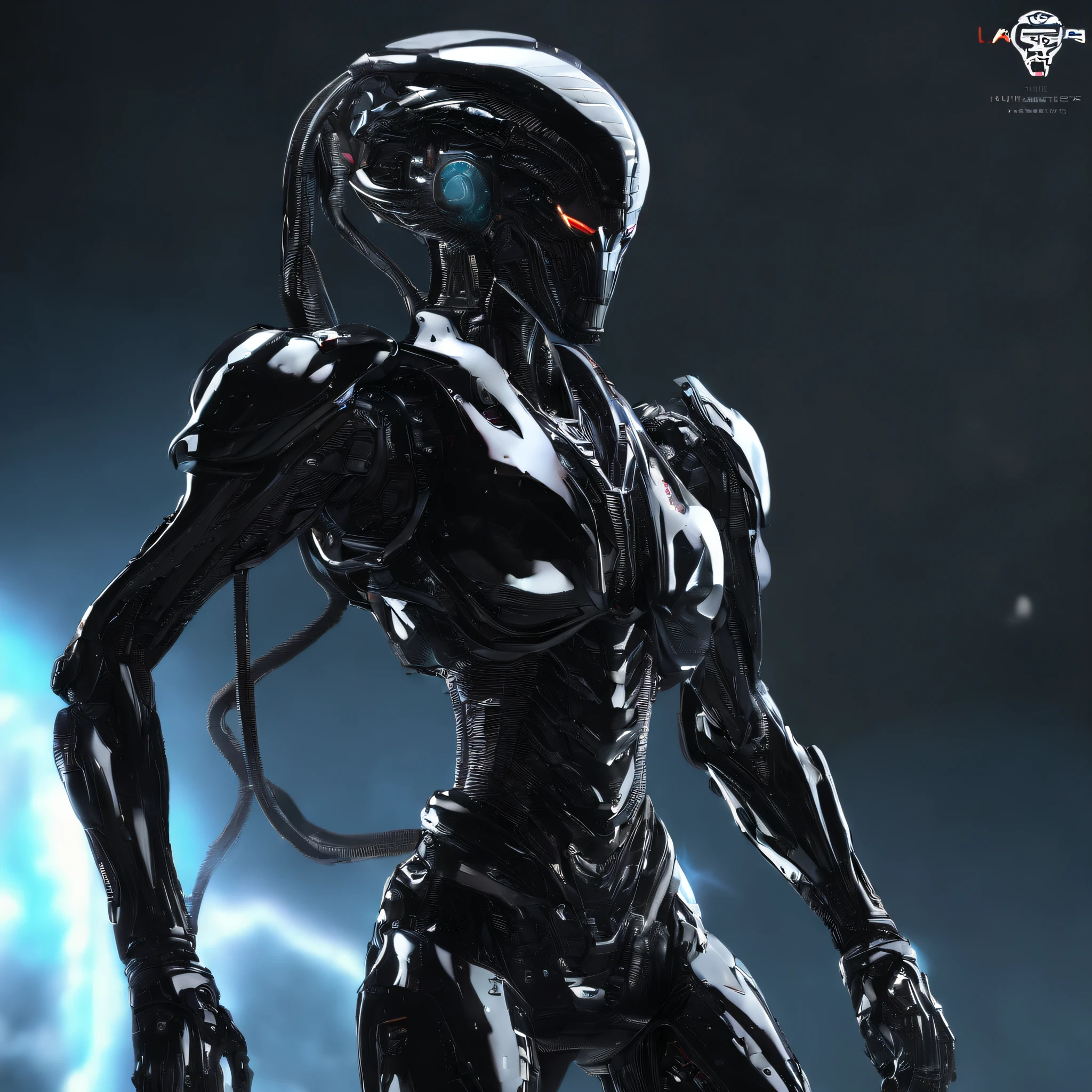 An alien,full bodyesbian,Humanoid,mechs,(Wearing a black zirconia ceramic surface mech:1.5),(((Hard surface properties))),(((streamlined line design))),It has refined features in a sci-fi environment,with light glowing, Sparks and lights, best qualtiy,tmasterpiece,Photorealsitic, Highly detailed, iintricate,unreal 5 render,