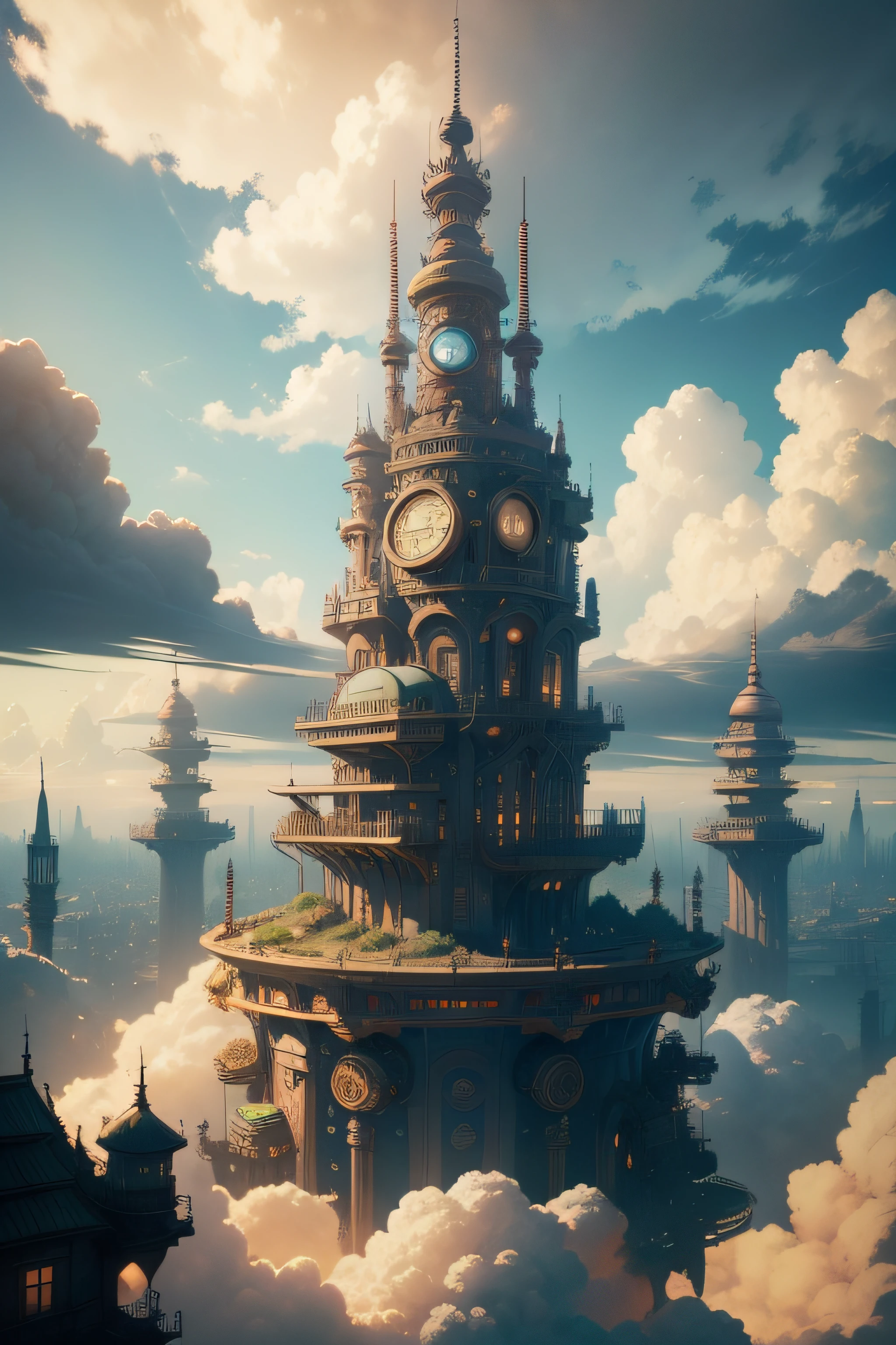 Super detail, High details, High quality, 8K, Miyazaki style, A steampunk-style city floating in the sky, Cloud and diverse architecture, Radiating mystery and technology --V 6