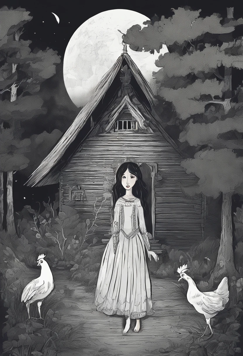 gloomy atmosphere, deeply forested, "Hut on chicken legs" From ancient Russian fairy tales, it stands on a dais and is illuminated by moonlight. A young girl with long black hair walks to the hut. In the frame is a girl from the back. Gloomy atmosphere in the style of modern illustration.