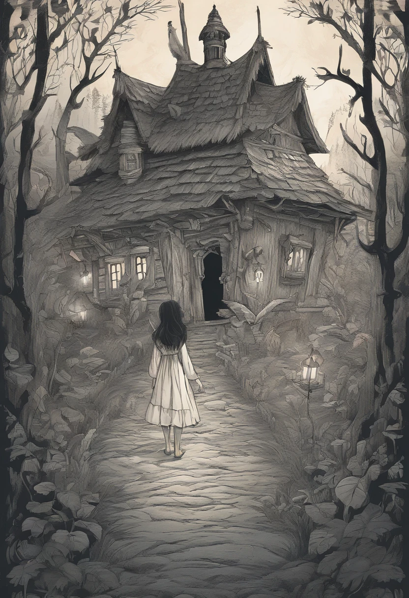 gloomy atmosphere, deeply forested, "Hut on chicken legs" From ancient Russian fairy tales, it stands on a dais and is illuminated by moonlight. A young girl with long black hair walks to the hut. In the frame is a girl from the back. Gloomy atmosphere in the style of modern illustration.