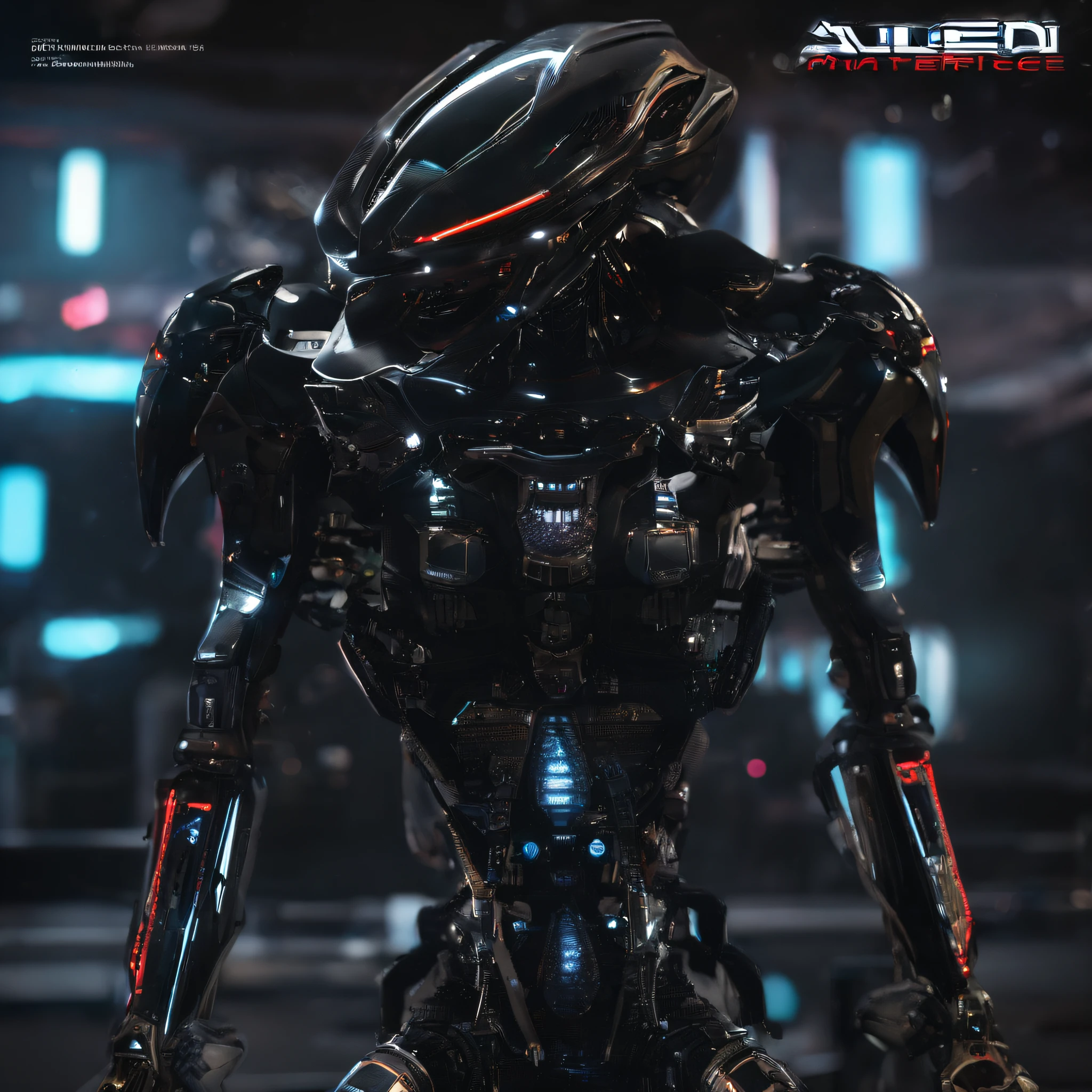An alien,full bodyesbian,Humanoid,mechs,(Wearing a black zirconia ceramic surface mech:1.5),(((Hard surface properties))),(((streamlined line design))),It has refined features in a sci-fi environment,with light glowing, Sparks and lights, best qualtiy,tmasterpiece,Photorealsitic, Highly detailed, iintricate,unreal 5 render,