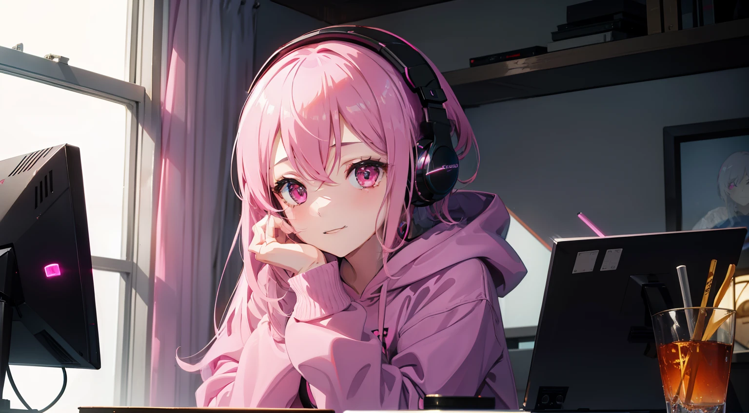 masterpiece、top-quality、Movie stills、1girl in、pink shorth hair、Pink eyes、headphones、Black hoodie、with light glowing、Happiness、Warm and soft lighting、You're using a computer(Spark:0.7)、short hairstyle、Laughing