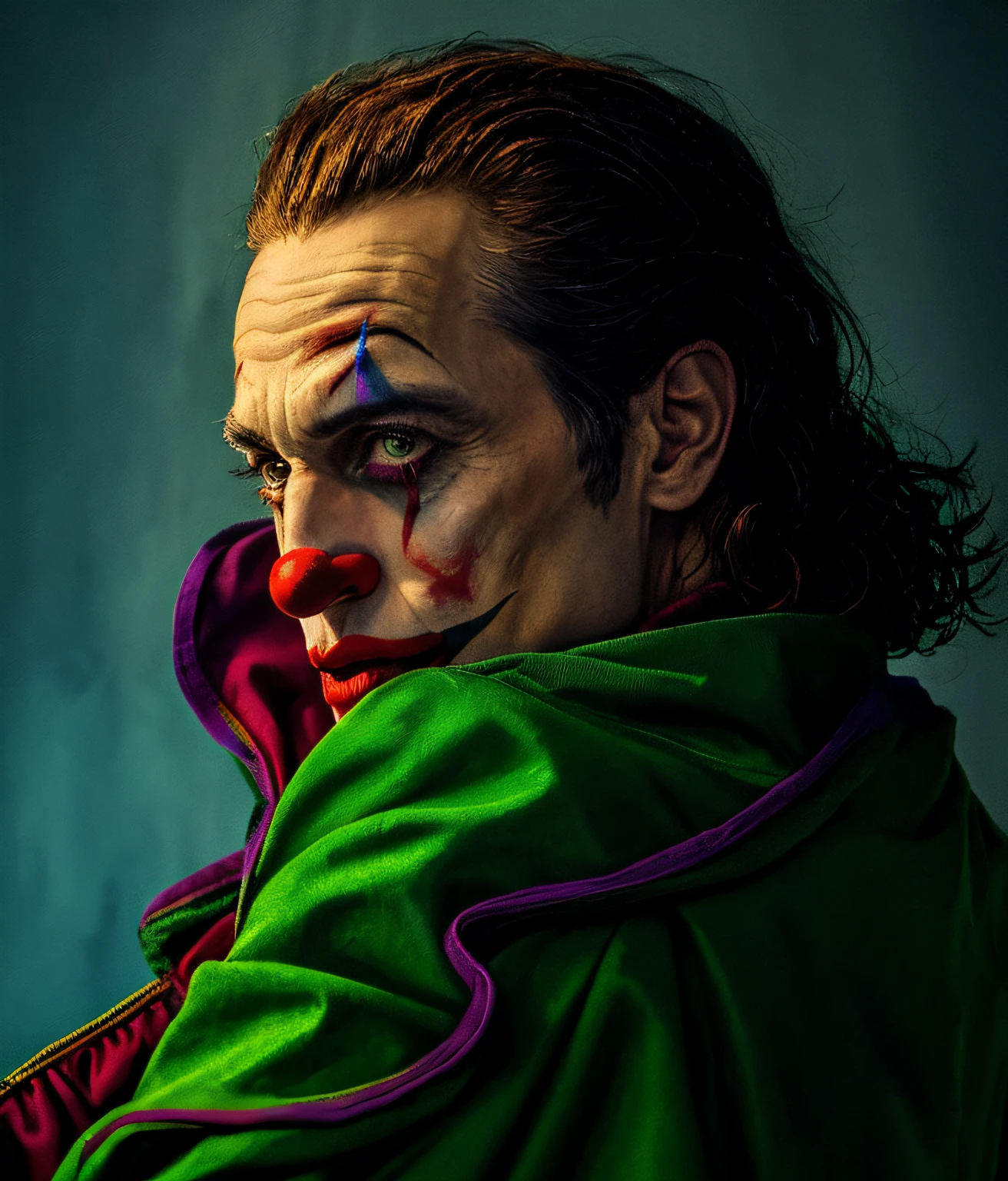 a closeup of a person with a clown makeup in, Retrato de um Coringa, Retrato do Coringa, Retrato do Coringa, Willem Dafoe como o Coringa, cores suaves, wapor wave