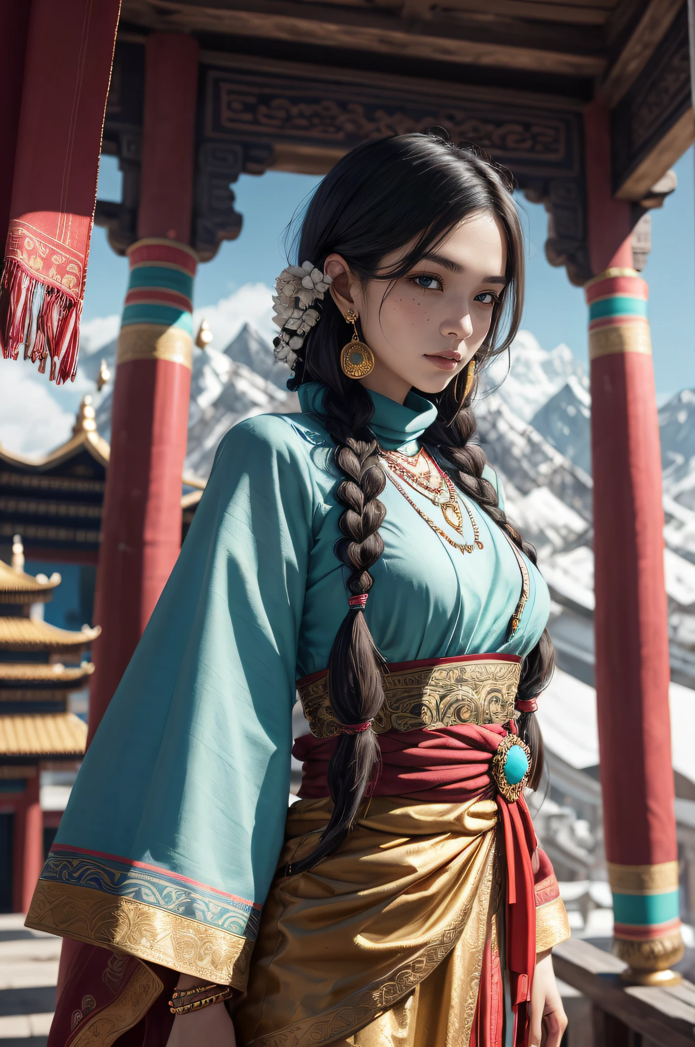 (Dramatic, grittiness, Intense:1.4),Masterpiece, Best quality, 8K, insanely details, Intricate details, ultra - detailed, hyper qualit, High detail, Ultra detailed, Masterpiece,,best qualtiy,k hd,Hua Dan,best qualtiy,Masterpiece,A high resolution,,(full bodyesbian:1.5),Depth of field,Blurry,The background is blurred out,fringe trim,Bracelet,layered sleeves, Puffy sleeves,,solofocus,1girll,Solo,jewelry,Very long hair,hair adornments,Earrings,Black hair,Wind,Moles under eyes,Bracelet,Beads,Scarf ,tattoo,,Braid,Multiple braids,Floating hair,Blue eyes,,In Tibet, Potala Palace, Awesome view, standing, Arms spread wide,expression of surprise, Long flowing hair, Traditional Tibetan braids,rosycheeks, Wear a vibrant Tibetan dress,Decorated with colorful patterns and intricate embroidery, silver trinkets, Turquoise necklace, serene environment, Himalayas in the background, Warp flags flutter in the wind, Golden sunlight illuminates the palace, Spiritual pursuits, A sense of tranquility, Sacred atmosphere, Cultural heritage, Architectural marvel.,