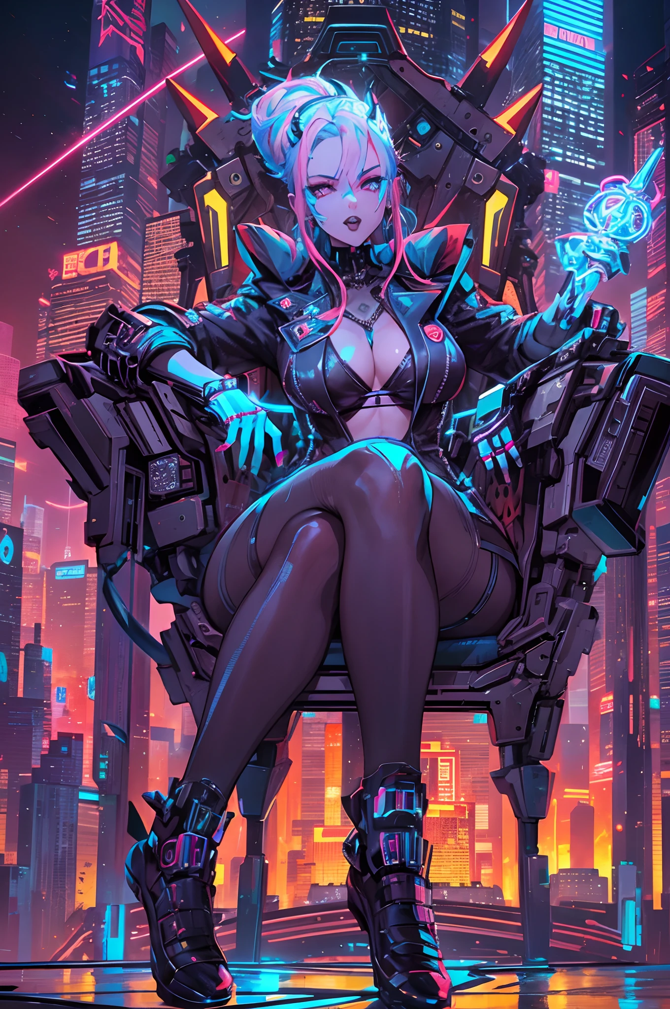 A cyberpunk queen sits on a throne made of neon lights, surrounded by towering skyscrapers and  Her piercing blue eyes are enhanced by cybernetic implants, and her hair is an array of colors that shift and change with the neon lights. She wears a black, form-fitting suit, and holds a glowing scepter in one hand. She has neon 