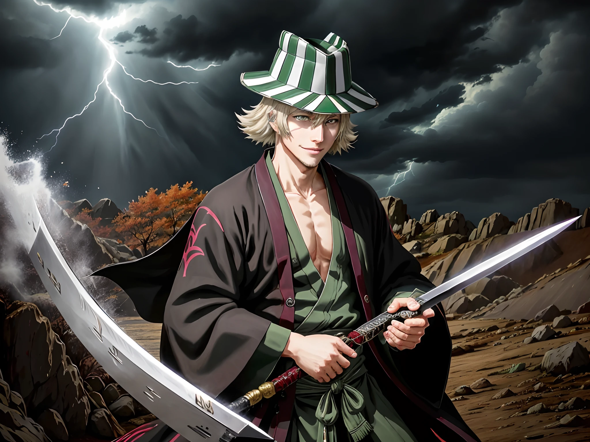 adult man, (solo), urahara kisuke, (benihime sword:1.15), holding, (masterpiece, cinematic lightning, epic), grey eyes, blonde hair, green hat, (striped), grey eyes, ((black haori)), green hakama, solo, (masterpiece, best quality, detailed), smile