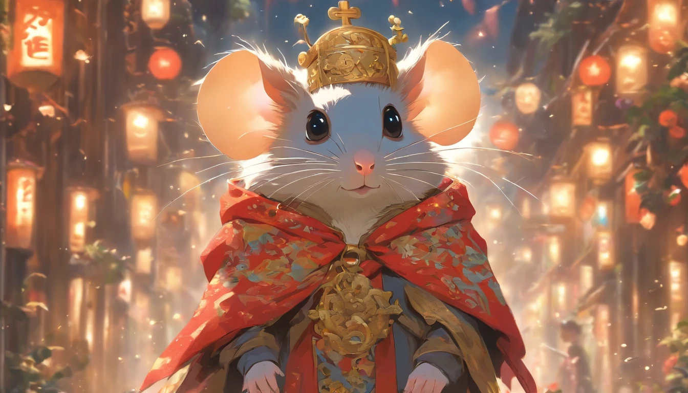 Zodiac rat Cute eyes, ,Big eyes, wearing festive clothing, Standing on the side of the street, Ancient style, Artistic touch，Snes painting