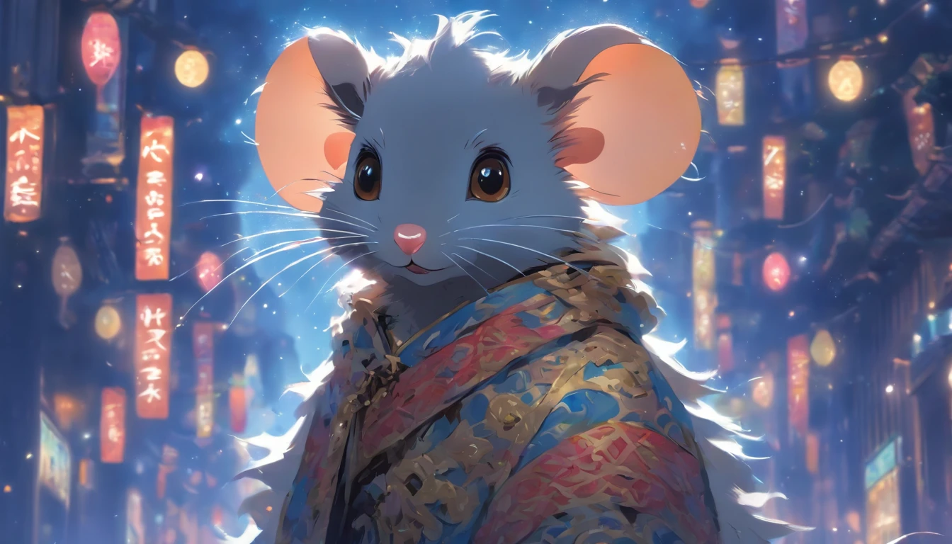 Zodiac rat Cute eyes, ,Big eyes, wearing festive clothing, Standing on the side of the street, Ancient style, Artistic touch,Snes painting