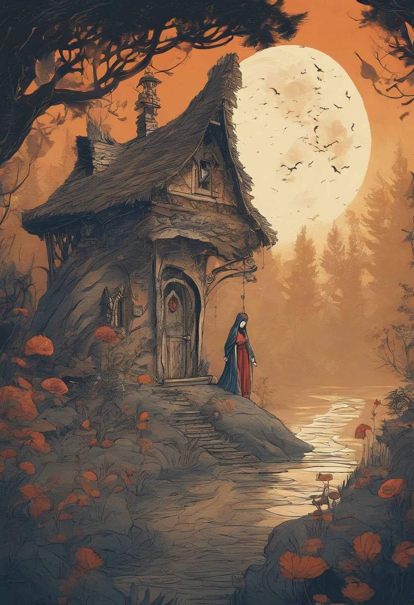 gloomy atmosphere, deeply forested, "Hut on chicken legs" From ancient Russian fairy tales, it stands on a dais and is illuminated by moonlight. An adult girl with long black hair goes to the hut. In the frame is a girl from the back. A gloomy atmosphere in the style of a modern illustration for the cover of a book.