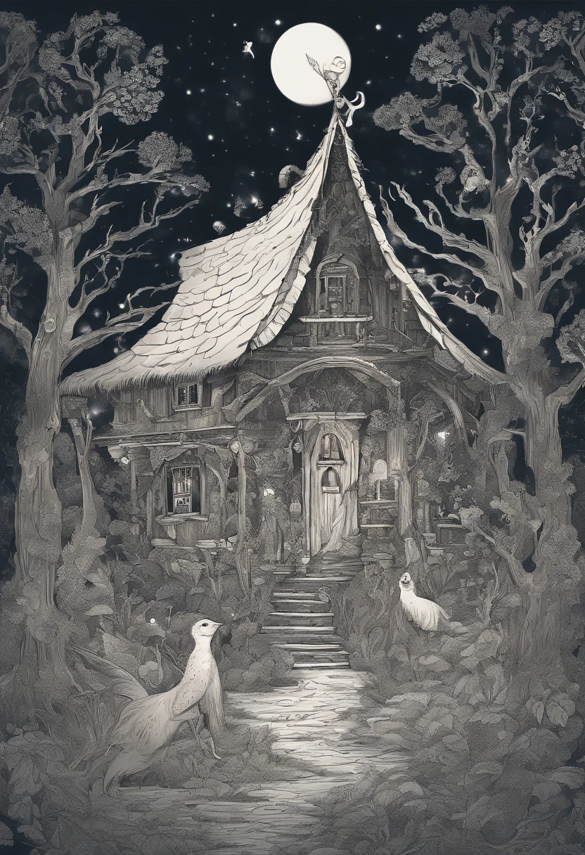 gloomy atmosphere, deeply forested, "Hut on chicken legs" From ancient Russian fairy tales, it stands on a dais and is illuminated by moonlight. An adult girl with long black hair goes to the hut. In the frame is a girl from the back. A gloomy atmosphere in the style of a modern illustration for the cover of a book.