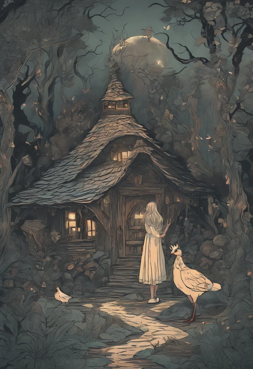 gloomy atmosphere, deeply forested, "Hut on chicken legs" From ancient Russian fairy tales, it stands on a dais and is illuminated by moonlight. An adult girl with long black hair goes to the hut. In the frame is a girl from the back. A gloomy atmosphere in the style of a modern illustration for the cover of a book.