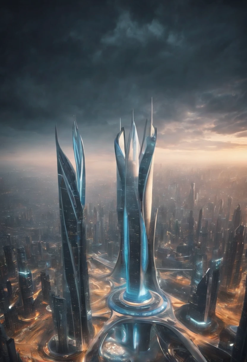 Create futuristic hyperealist works of art, Imagine a floating city in the sky, with complex architectural structures and advanced technology. Paint this futuristic city with a wealth of detail, capturing the bright lights, suspended platforms and flying vehicles that crisscross the skies.