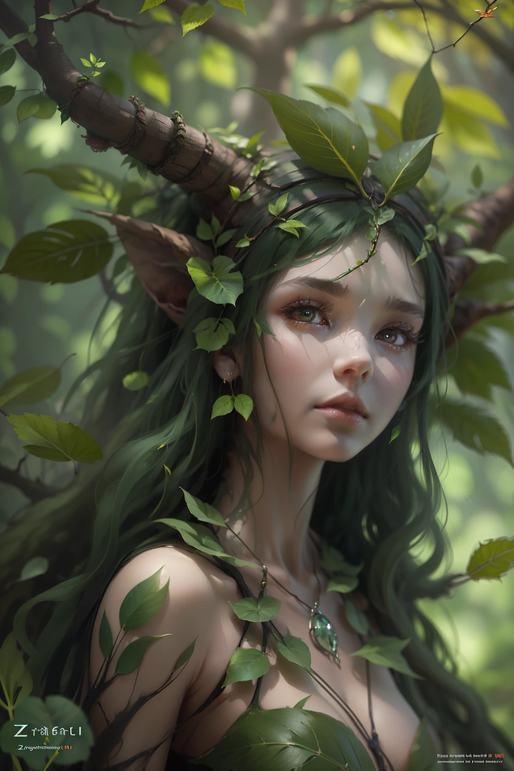 masterpiece, top-quality, 1 dryad、Slim body、small tits、exceptionally detailed anatomy, Leaf clothes、Leaves of the head,,,,,,、lovely, emotive, Charming, Bewitching、Giant trees、Branch corridor、World Tree、Fantastical、Slim body、small tits、(((detailed and beautiful faces)))、beautidful eyes、17 age、Tree Spirit、In the deep forest、Nymphs、myth 、PsyAI、Dynamic angles, inspired by senior character artist, @ zbrush, painted in zbrush, girl design lush horns, by senior environment artist, 8k full body rendering, highly detailed face