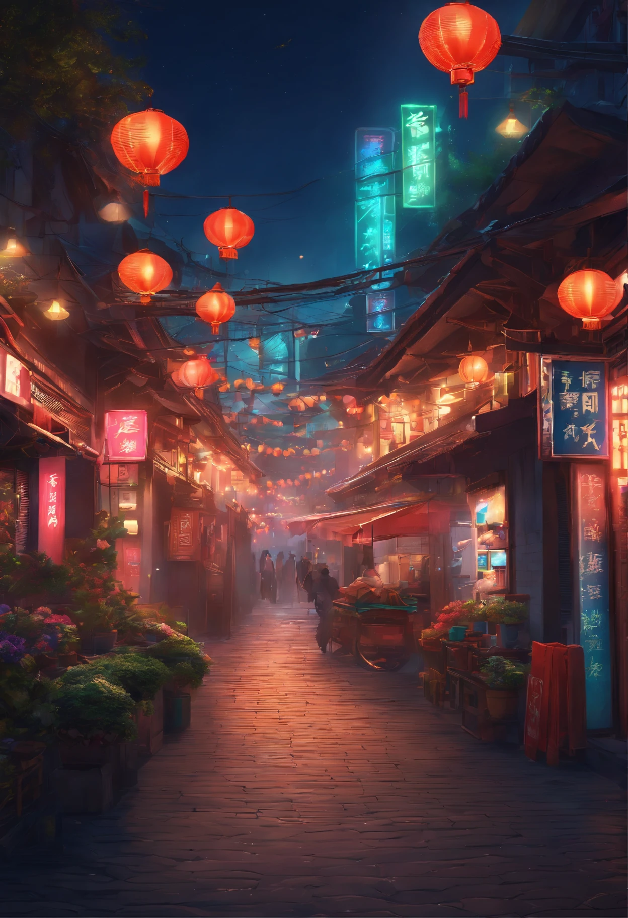 Style scene of streets with neon signs and gates, colorful anime movie background, arte de fundo, Colorful street market, dreamy Chinese towns, summer festival night, Anime background art, background artwork, Mobile game background, Anime landscape concept art, anime style cityscape, art-style