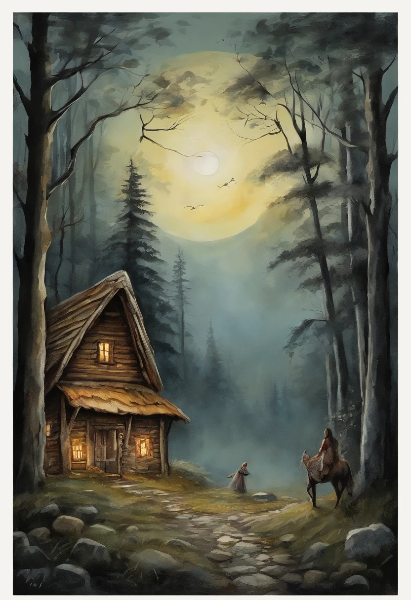 gloomy atmosphere, deeply forested, "Hut on chicken legs" From ancient Russian fairy tales, it stands on a dais and is illuminated by moonlight. An adult girl with long black hair goes to the hut. In the frame is a girl from the back. A gloomy atmosphere in the style of a modern illustration for the cover of a book.