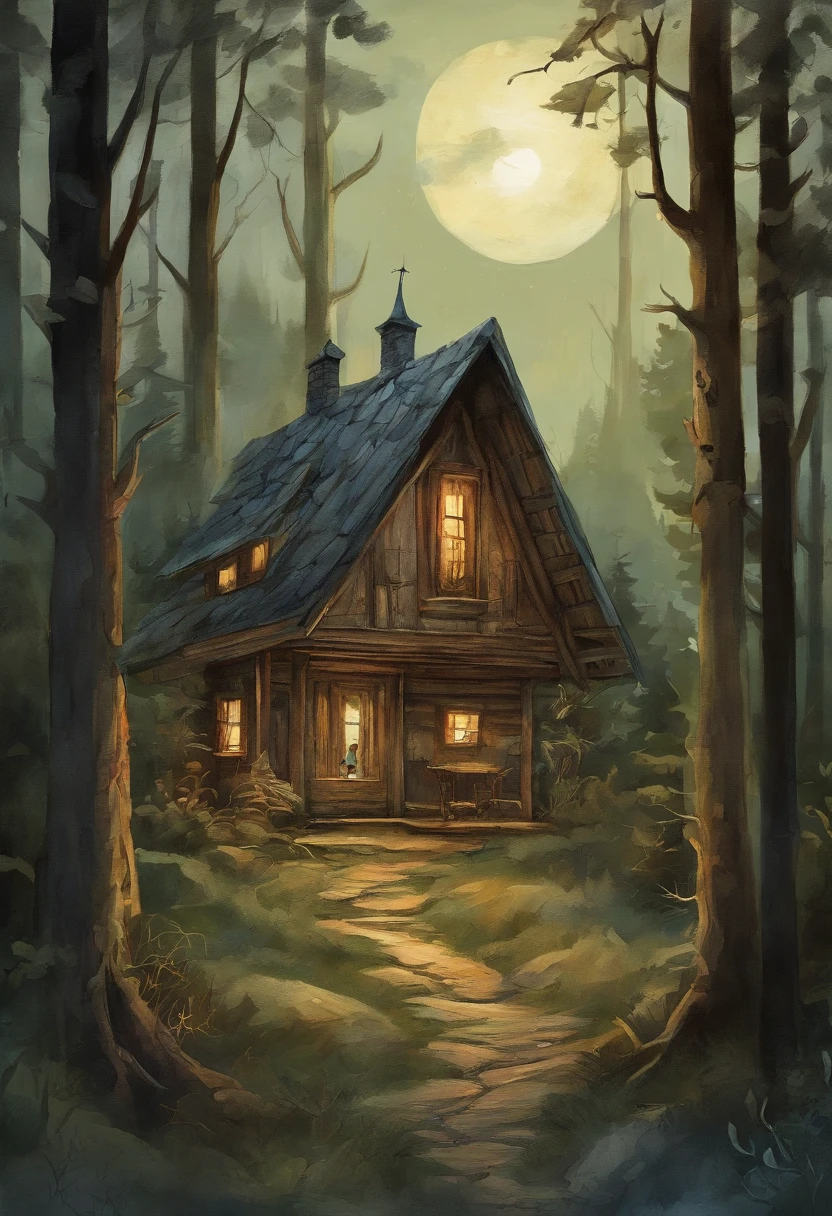 gloomy atmosphere, deeply forested, "Hut on chicken legs" From ancient Russian fairy tales, it stands on a dais and is illuminated by moonlight. An adult girl with long black hair goes to the hut. In the frame is a girl from the back. A gloomy atmosphere in the style of a modern illustration for the cover of a book.