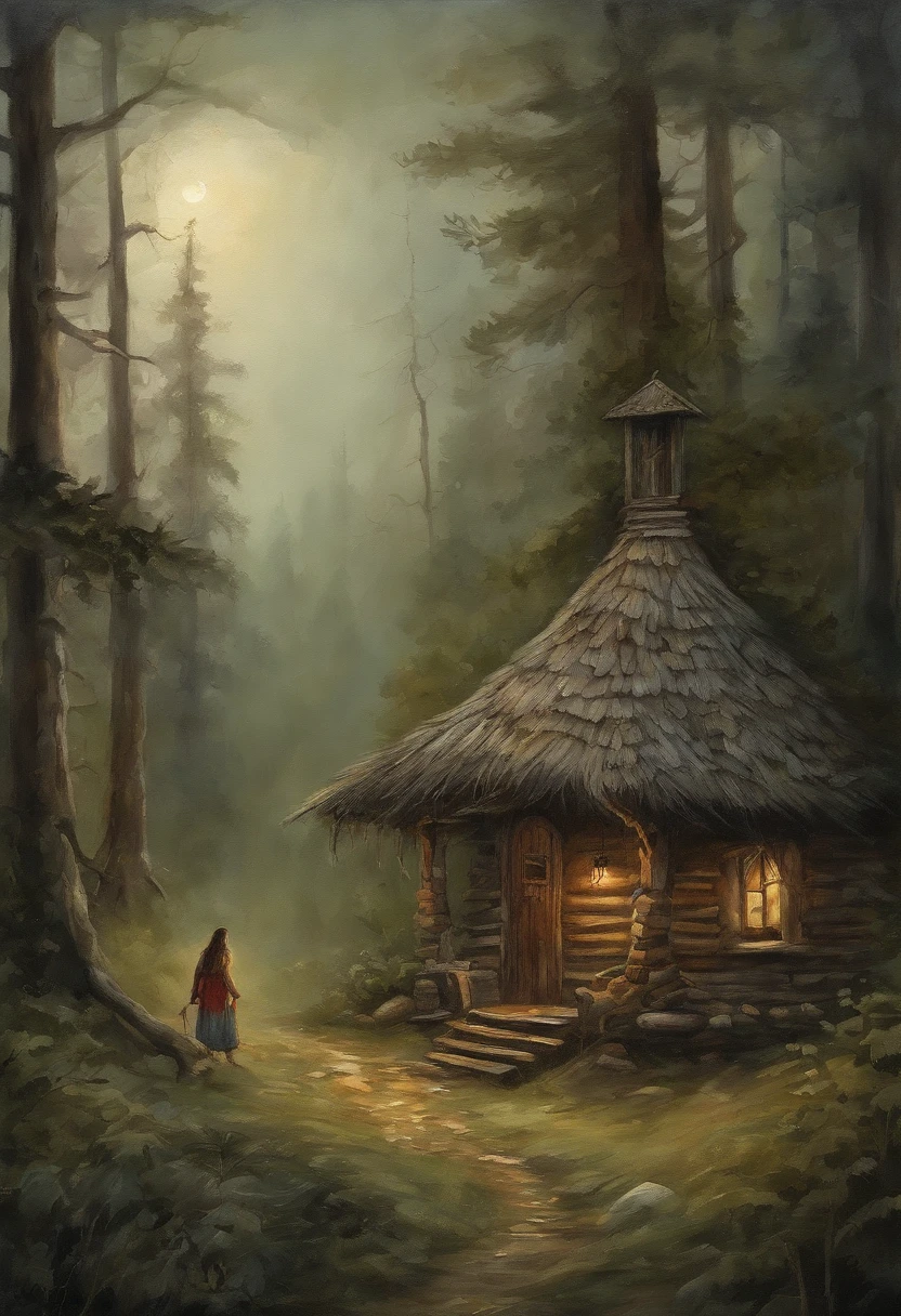gloomy atmosphere, deeply forested, "Hut on chicken legs" From ancient Russian fairy tales, it stands on a dais and is illuminated by moonlight. An adult girl with long black hair goes to the hut. In the frame is a girl from the back. A gloomy atmosphere in the style of a modern illustration for the cover of a book.